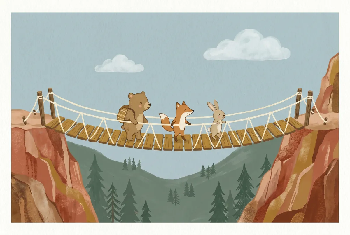 Bear Fox & Bunny Rope Bridge Print