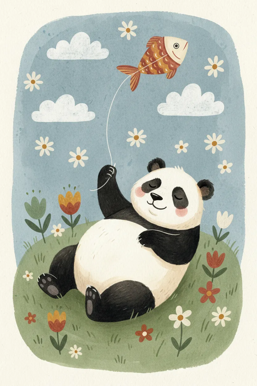 Panda with Fish Kite Print