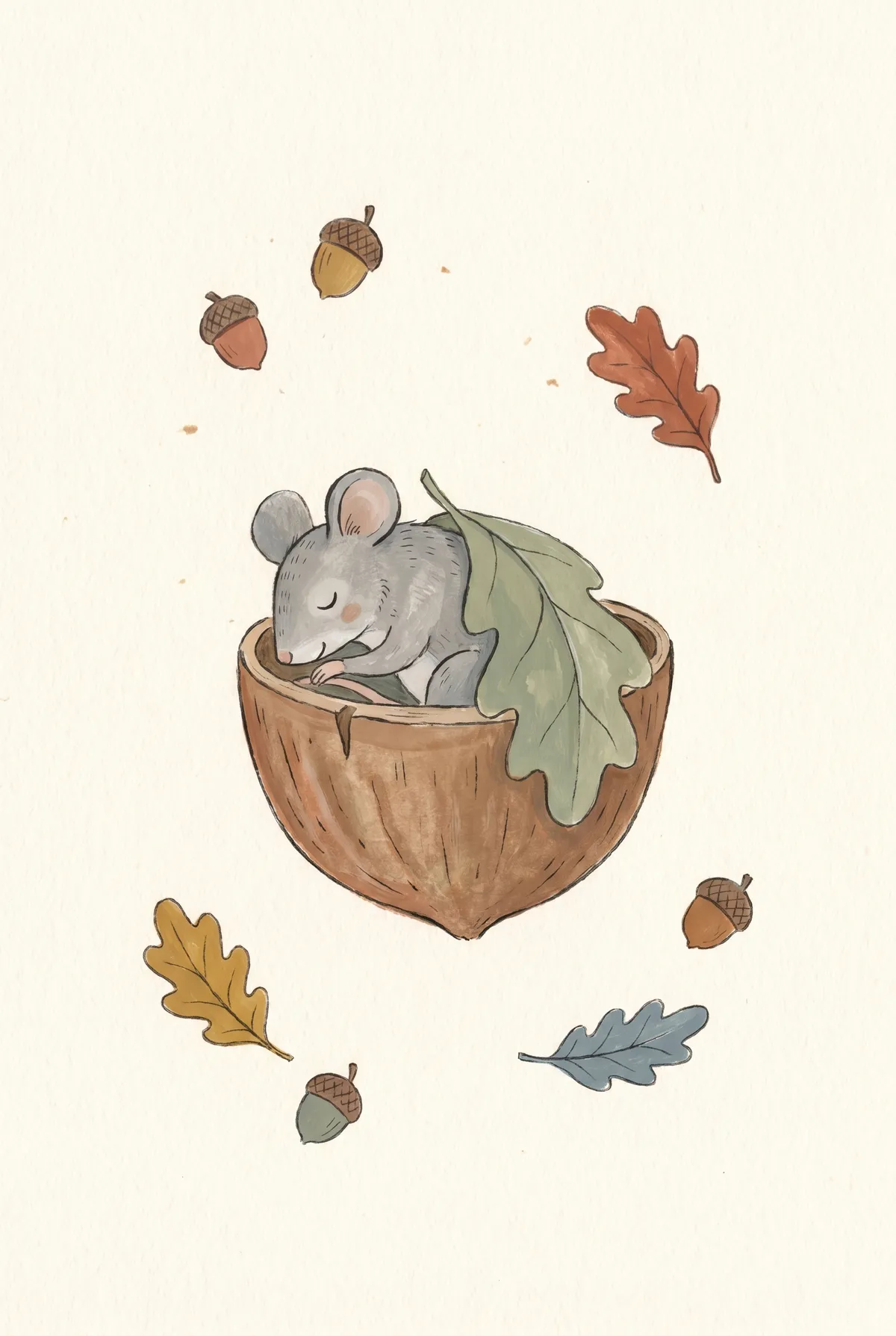 Sleeping Mouse in Acorn Print