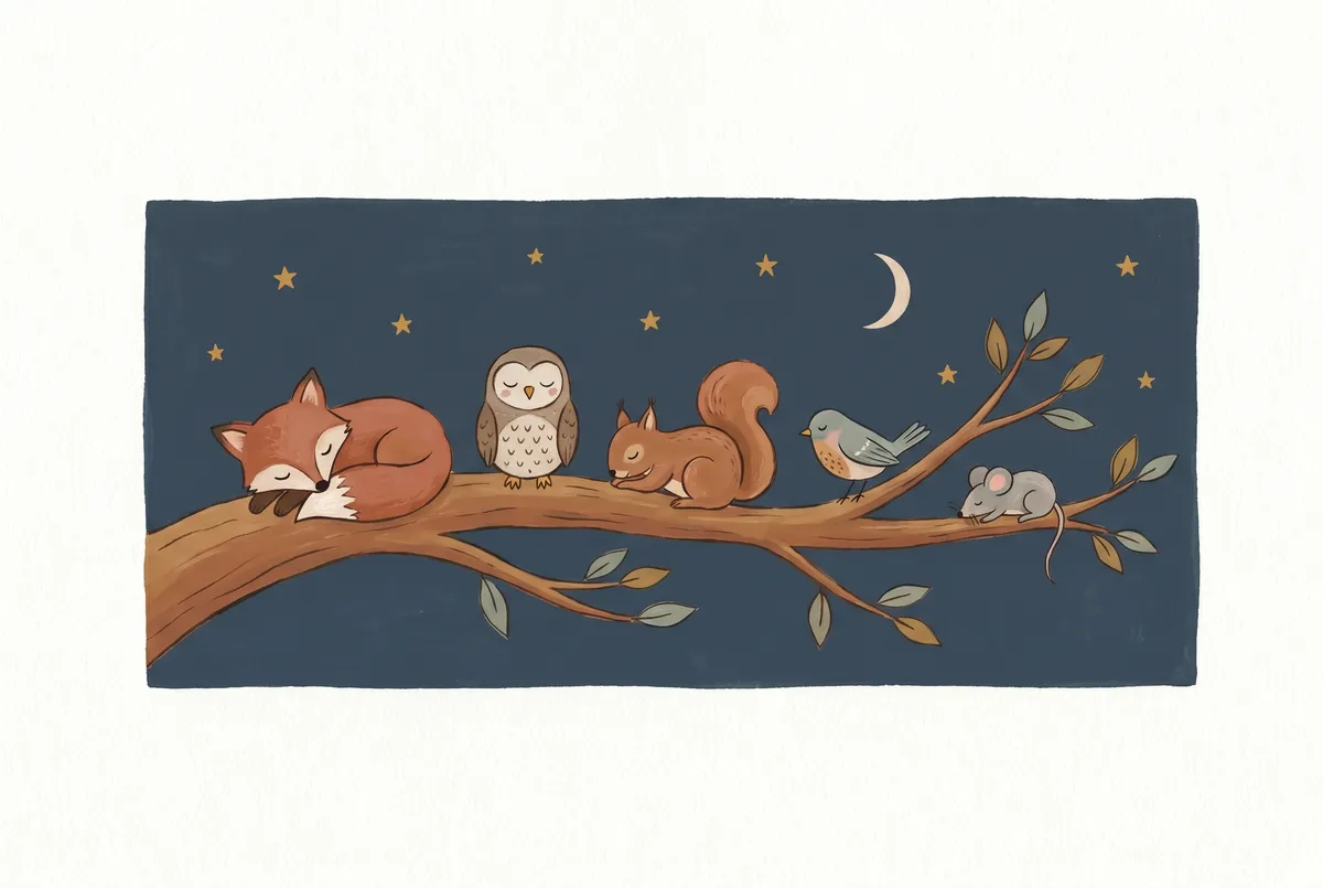 Sleeping Woodland Animals on Branch Print