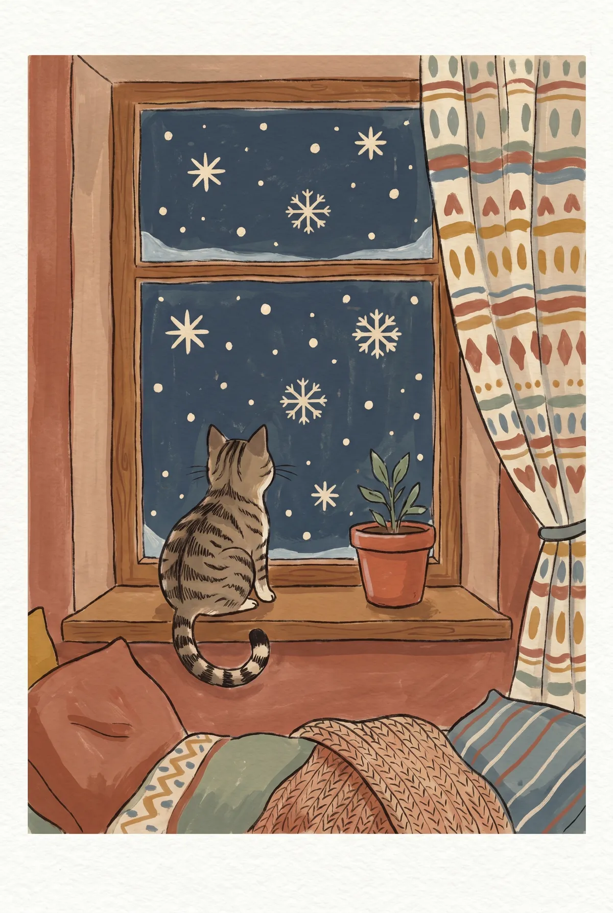 Tabby Cat Window Snow Print