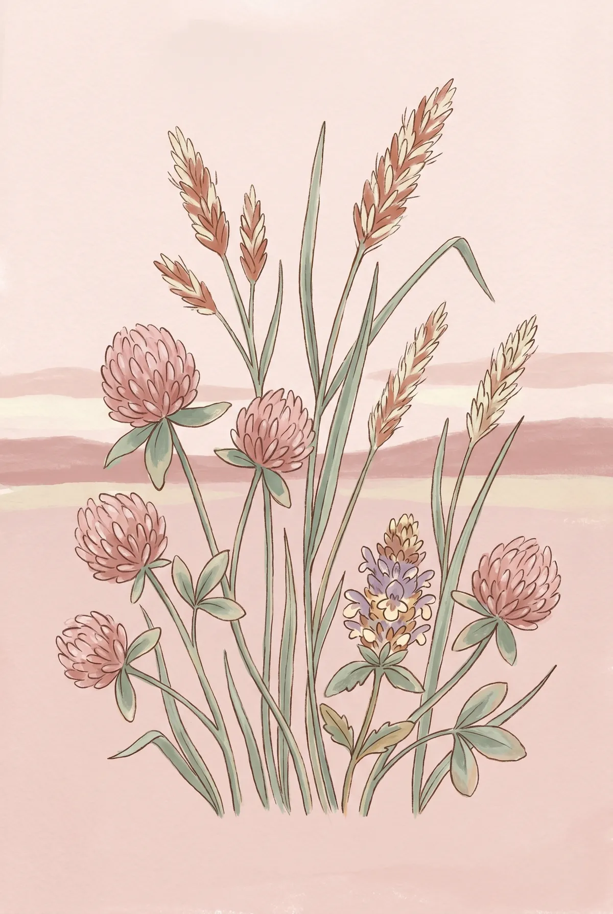 Pink Clover & Wild Grass Print
