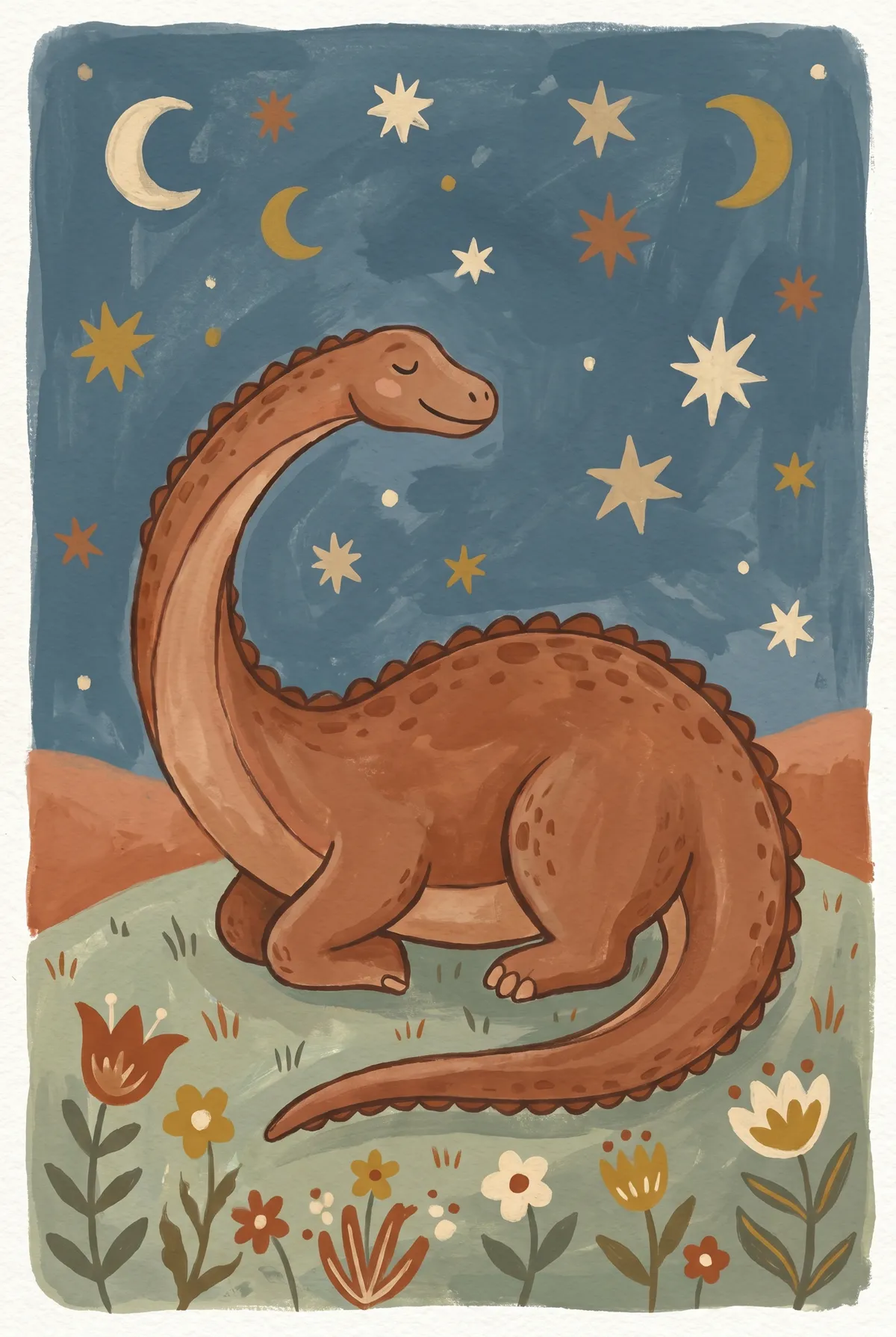 Sleepy Diplodocus Under Stars Print