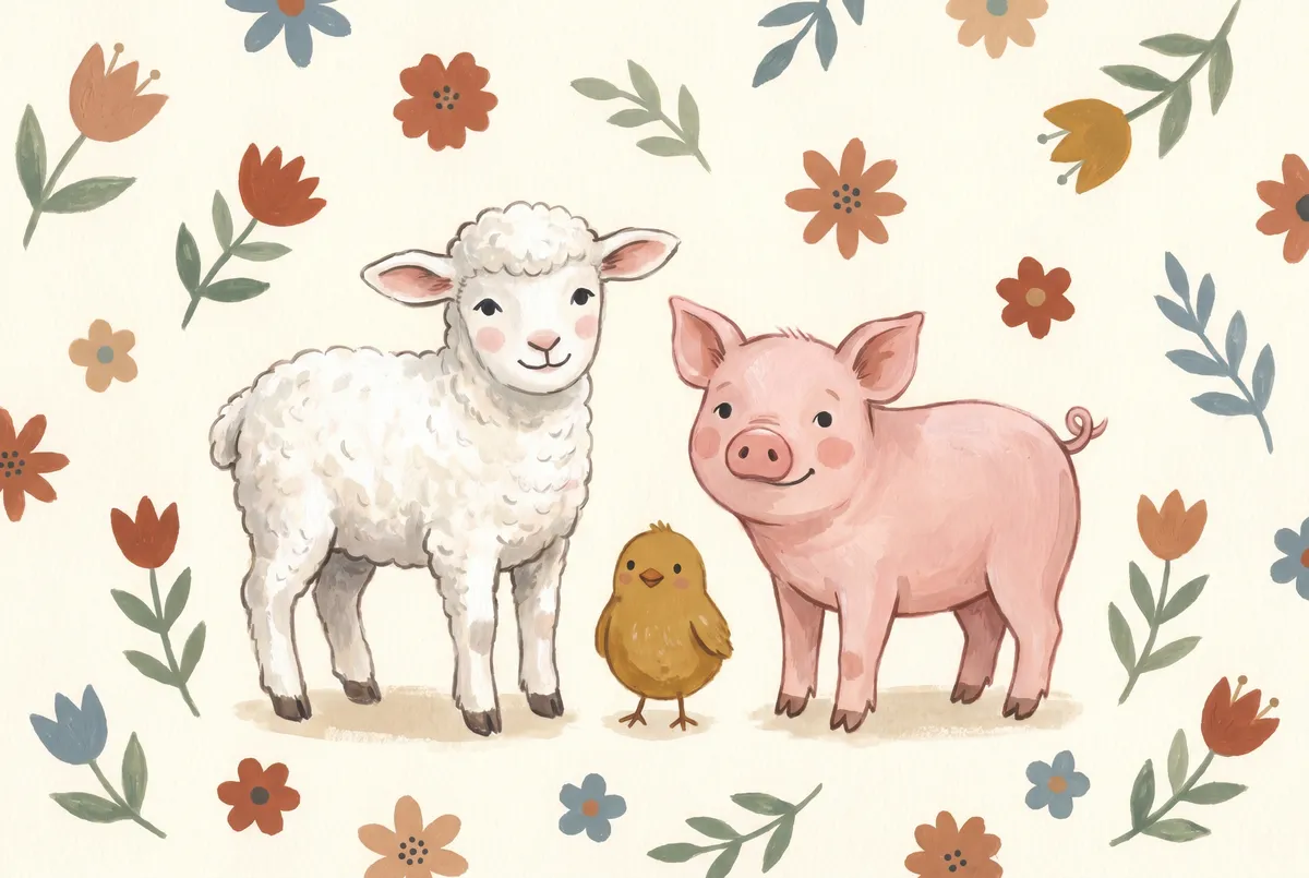 Lamb Pig and Chick Print