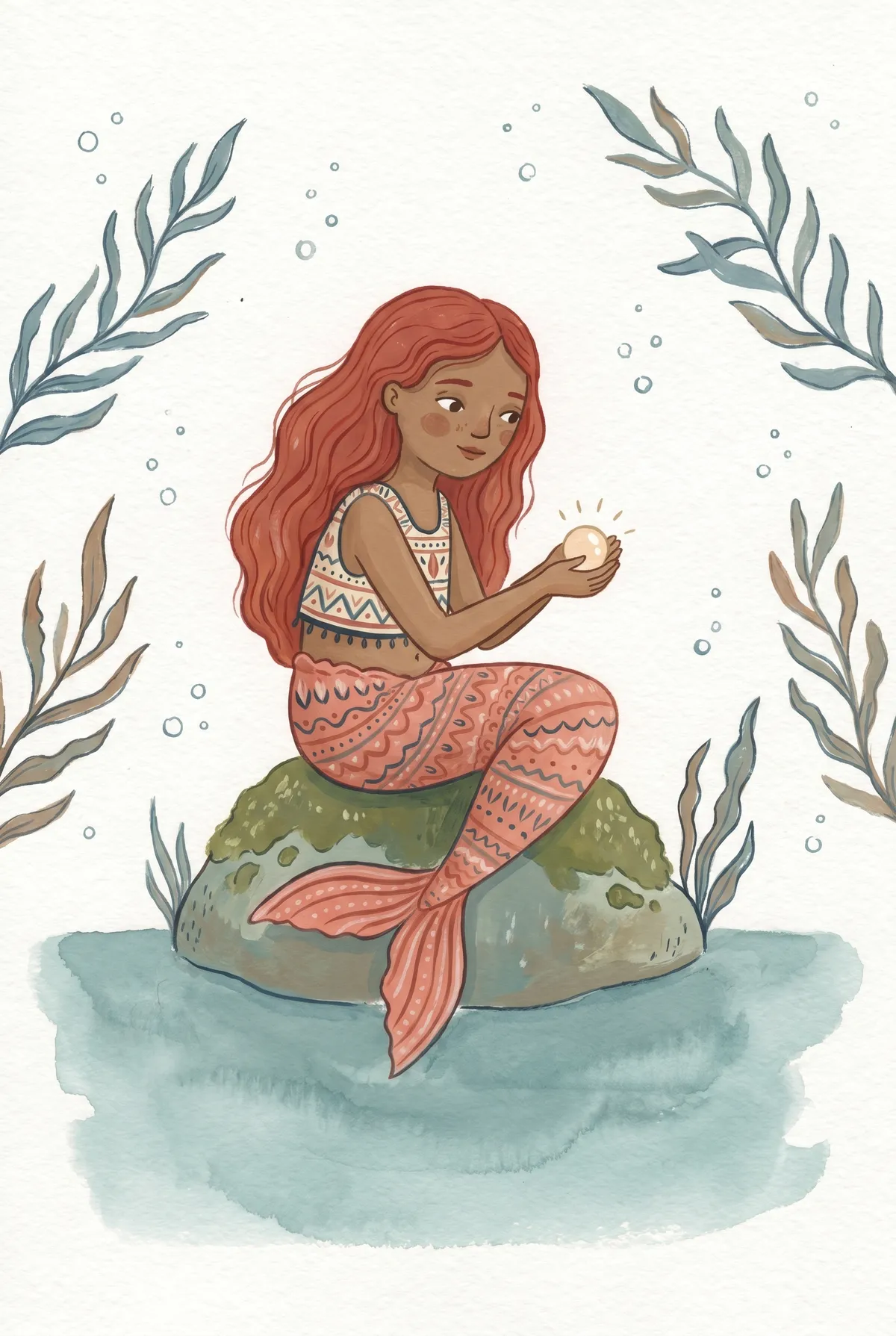 Red Haired Mermaid with Pearl Print