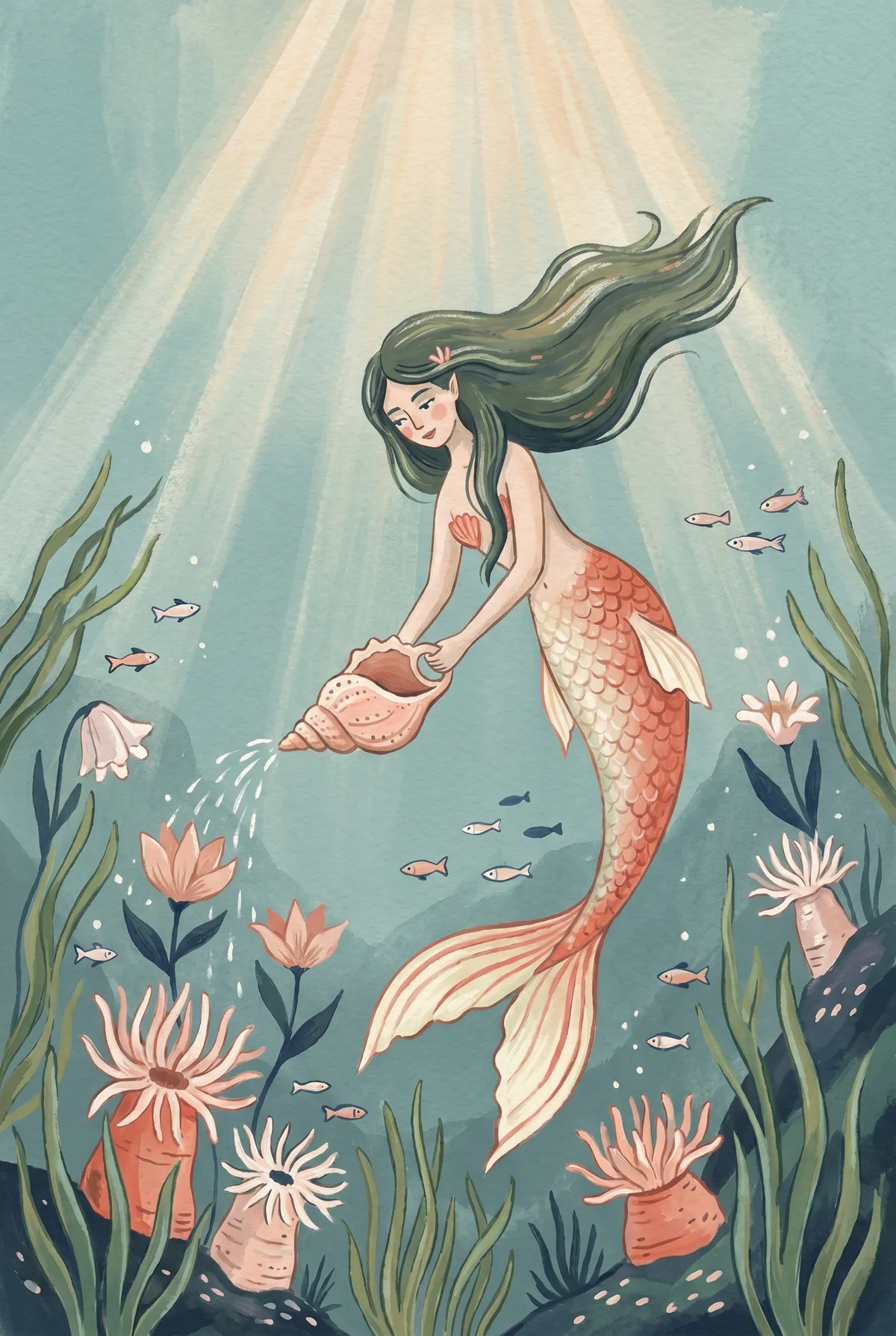 Mermaid Watering Underwater Garden Print