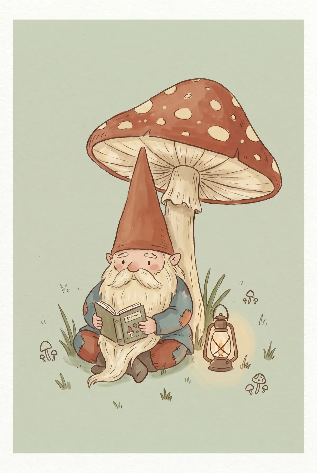 Gnome Reading Under Toadstool Print