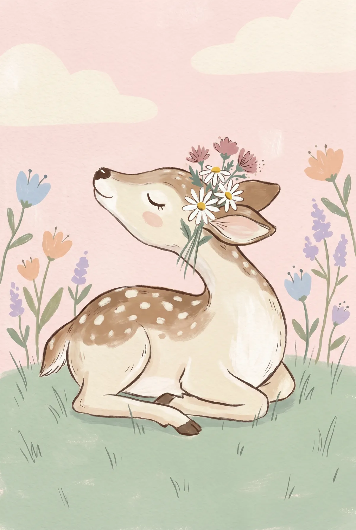 Fawn with Daisies Print