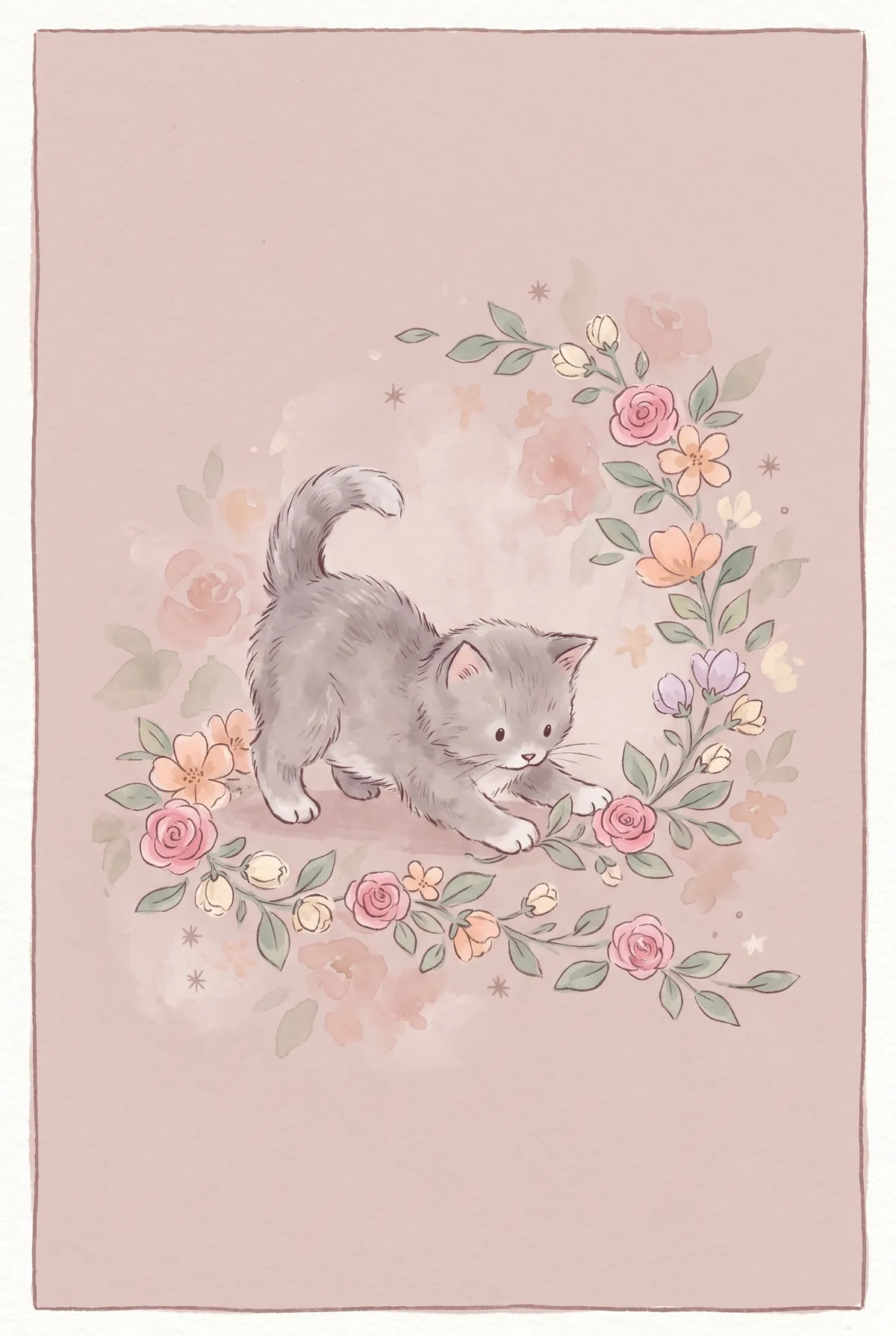 Kitten and Floral Garland Print