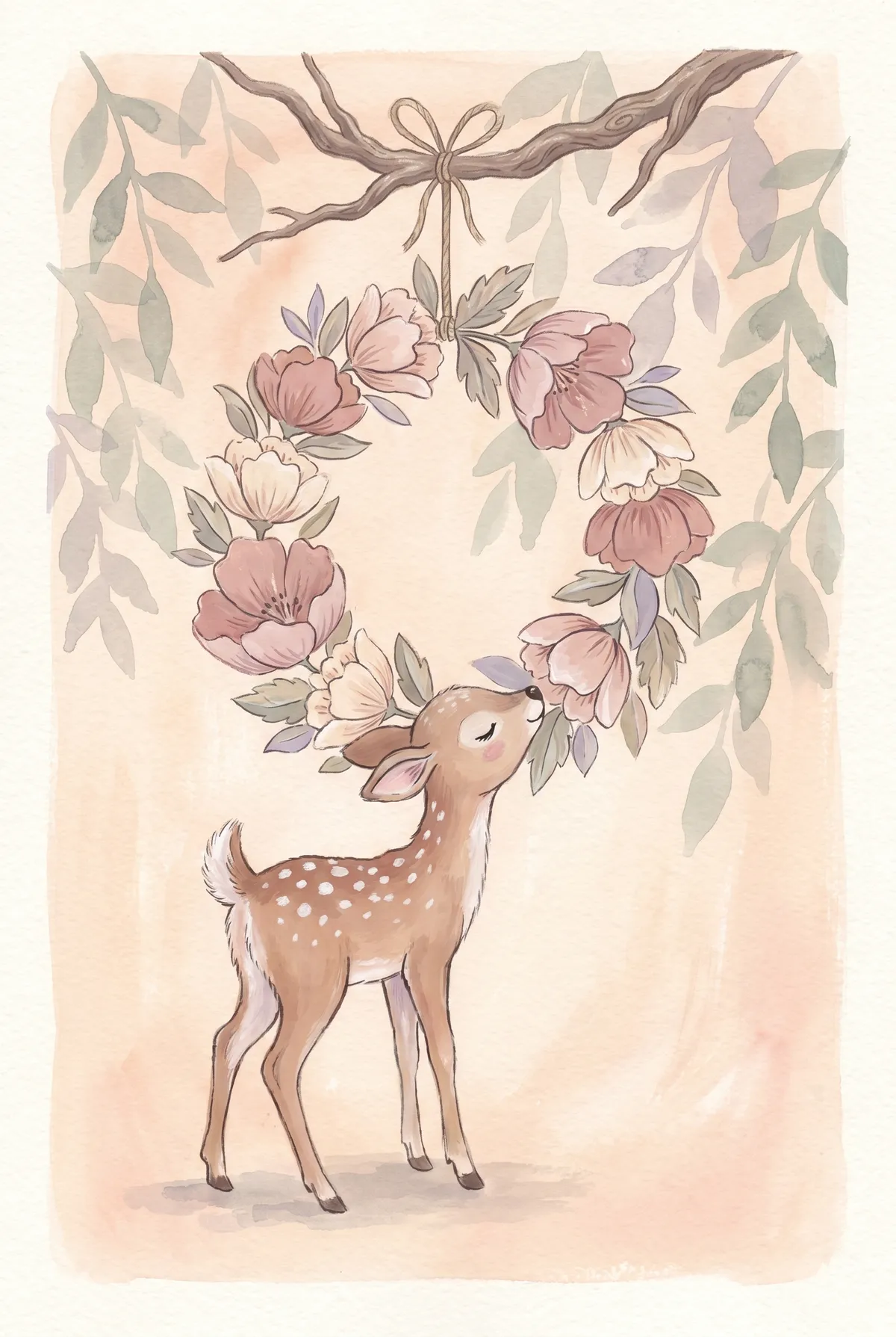 Fawn & Floral Wreath Print