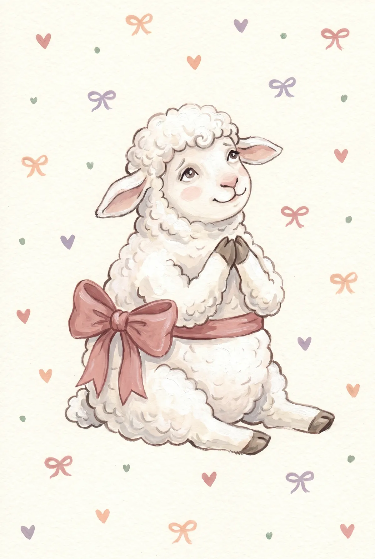 Lamb with Pink Bow Print