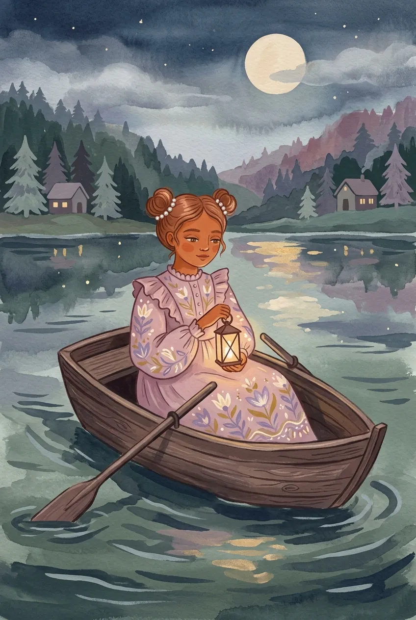 Girl with Lantern Rowing Boat Print
