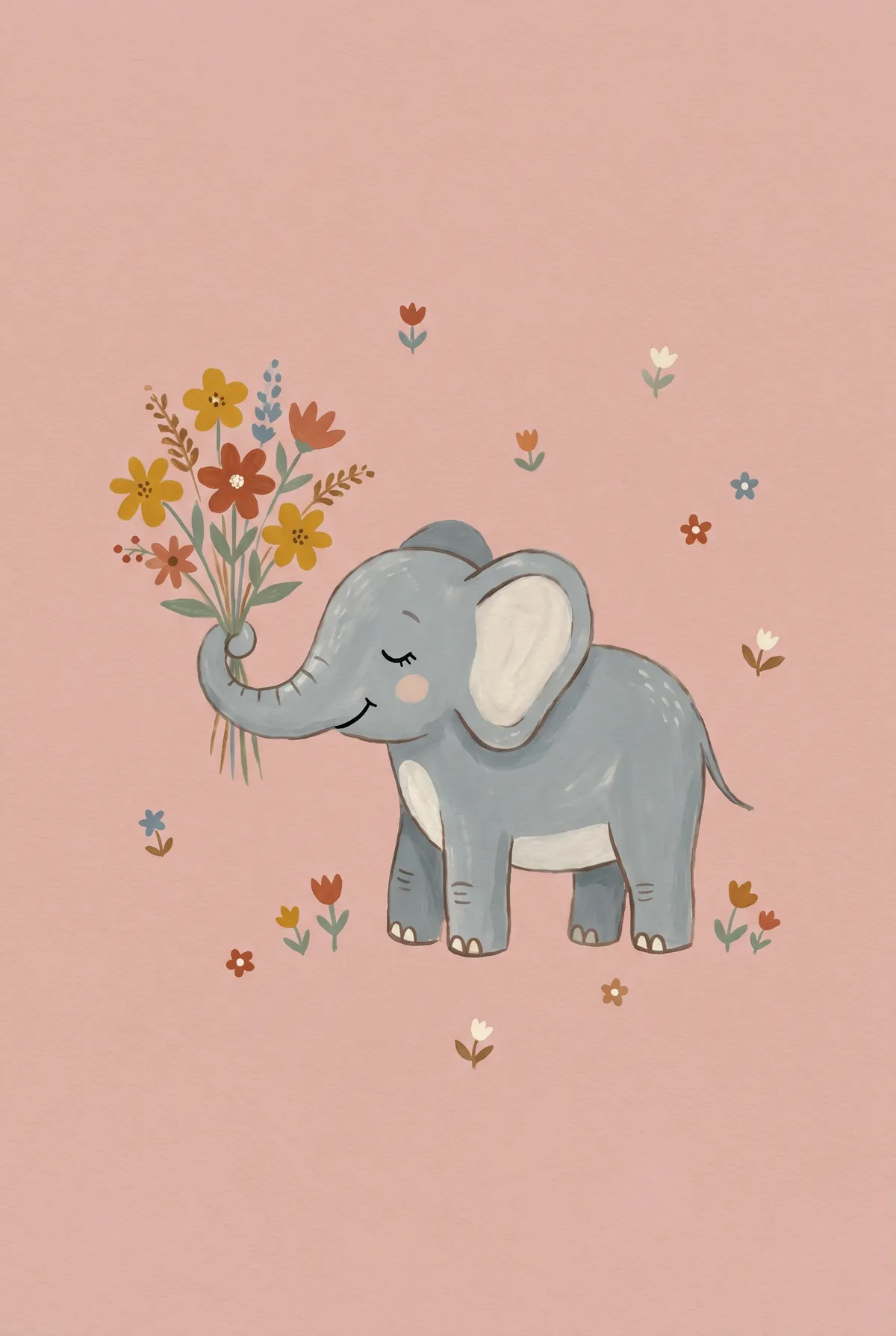 Baby Elephant with Wildflower Bouquet Print
