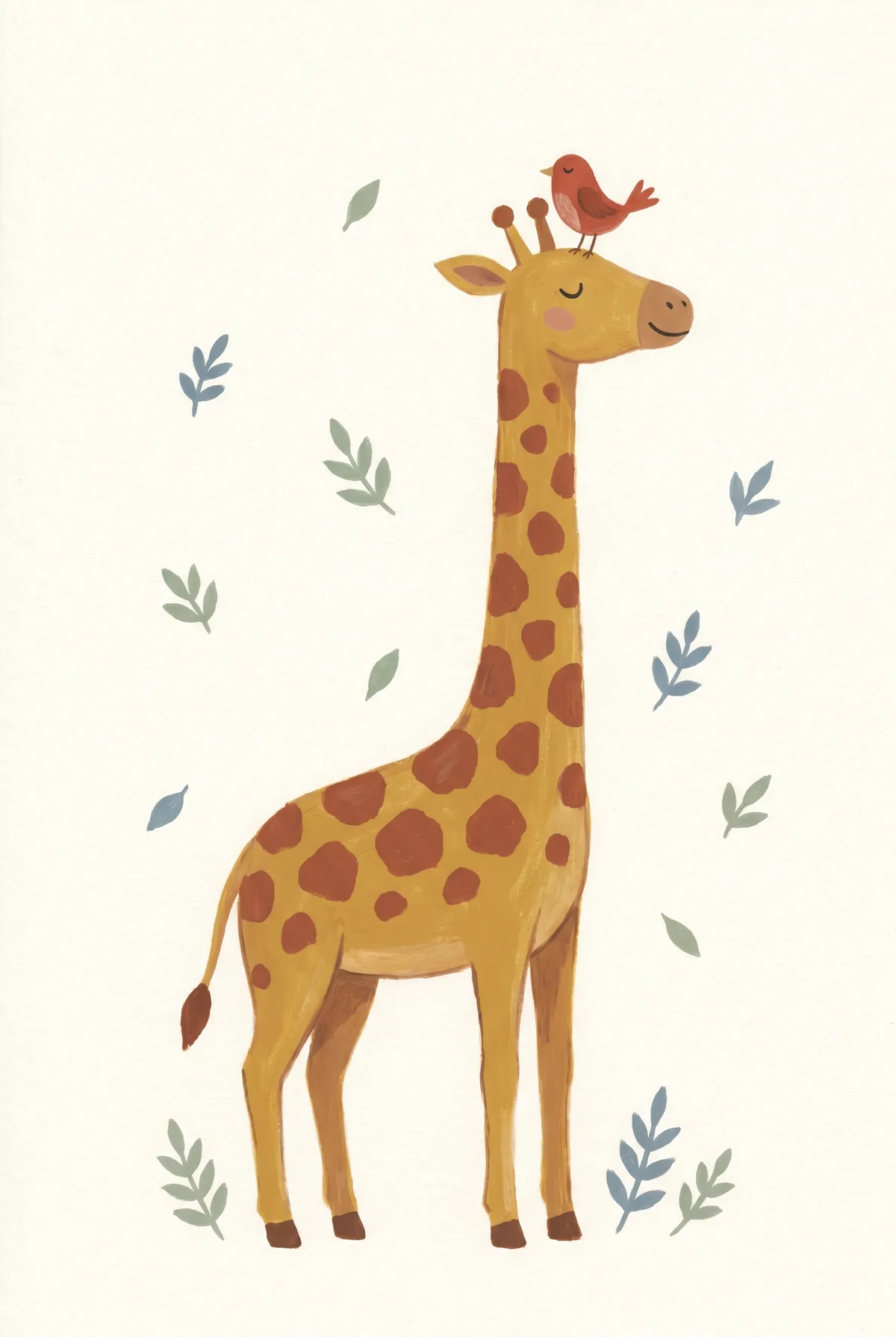 Giraffe and Red Bird Print
