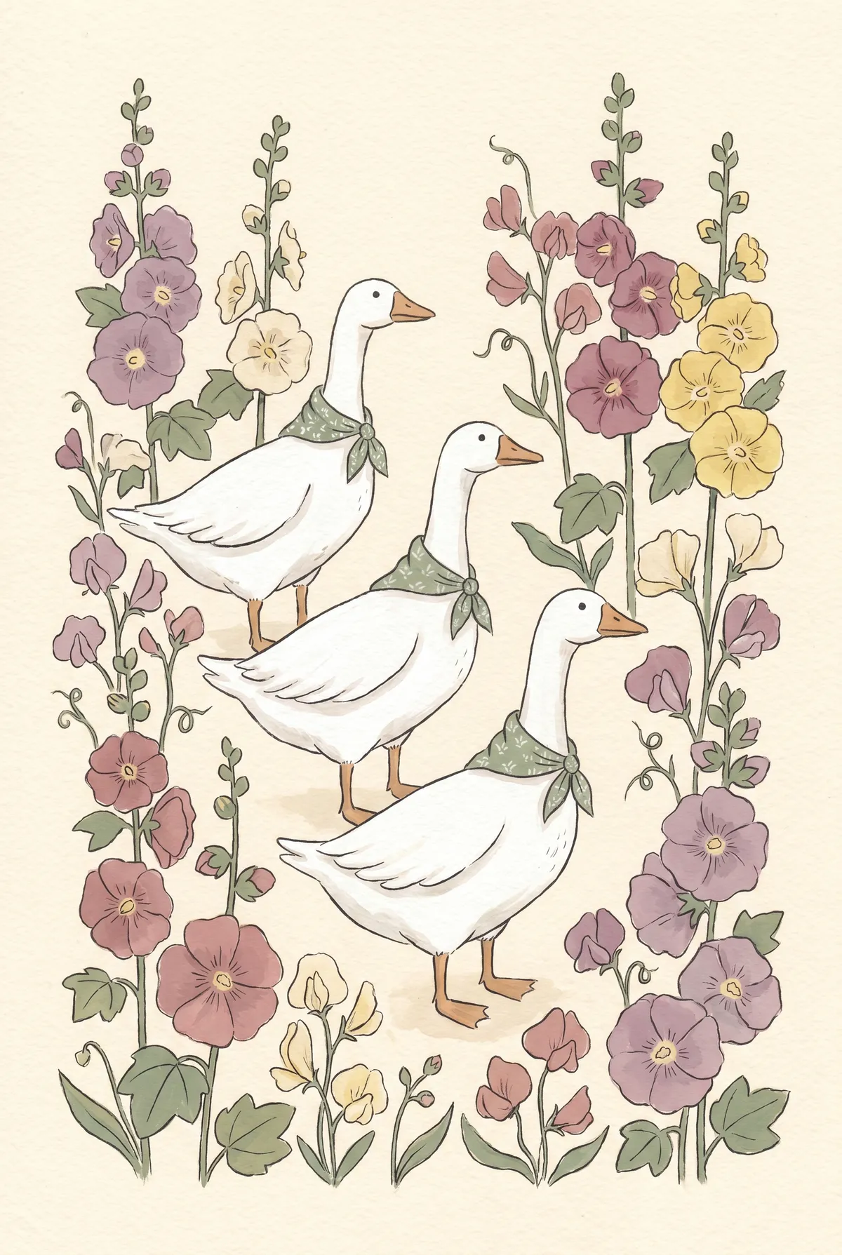 Three Geese in Hollyhocks Print