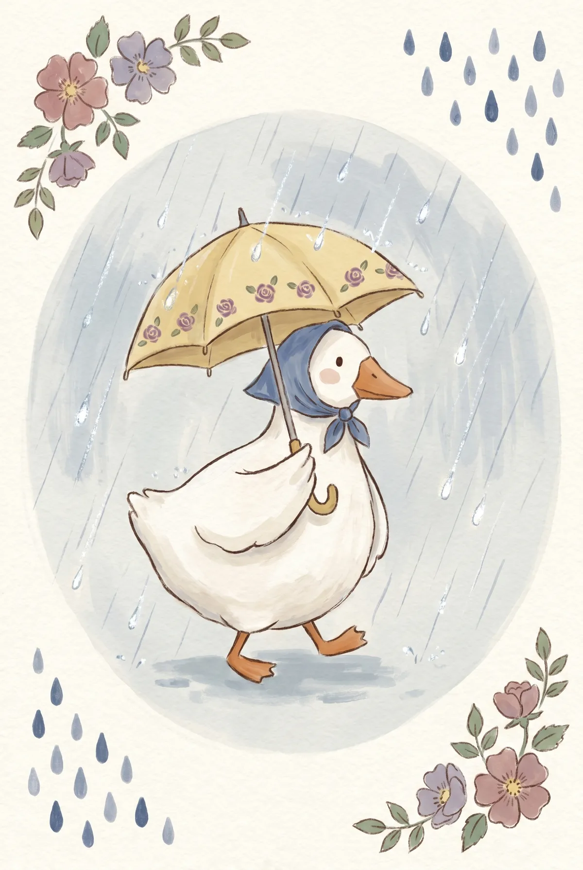 Duck with Umbrella in Rain Print