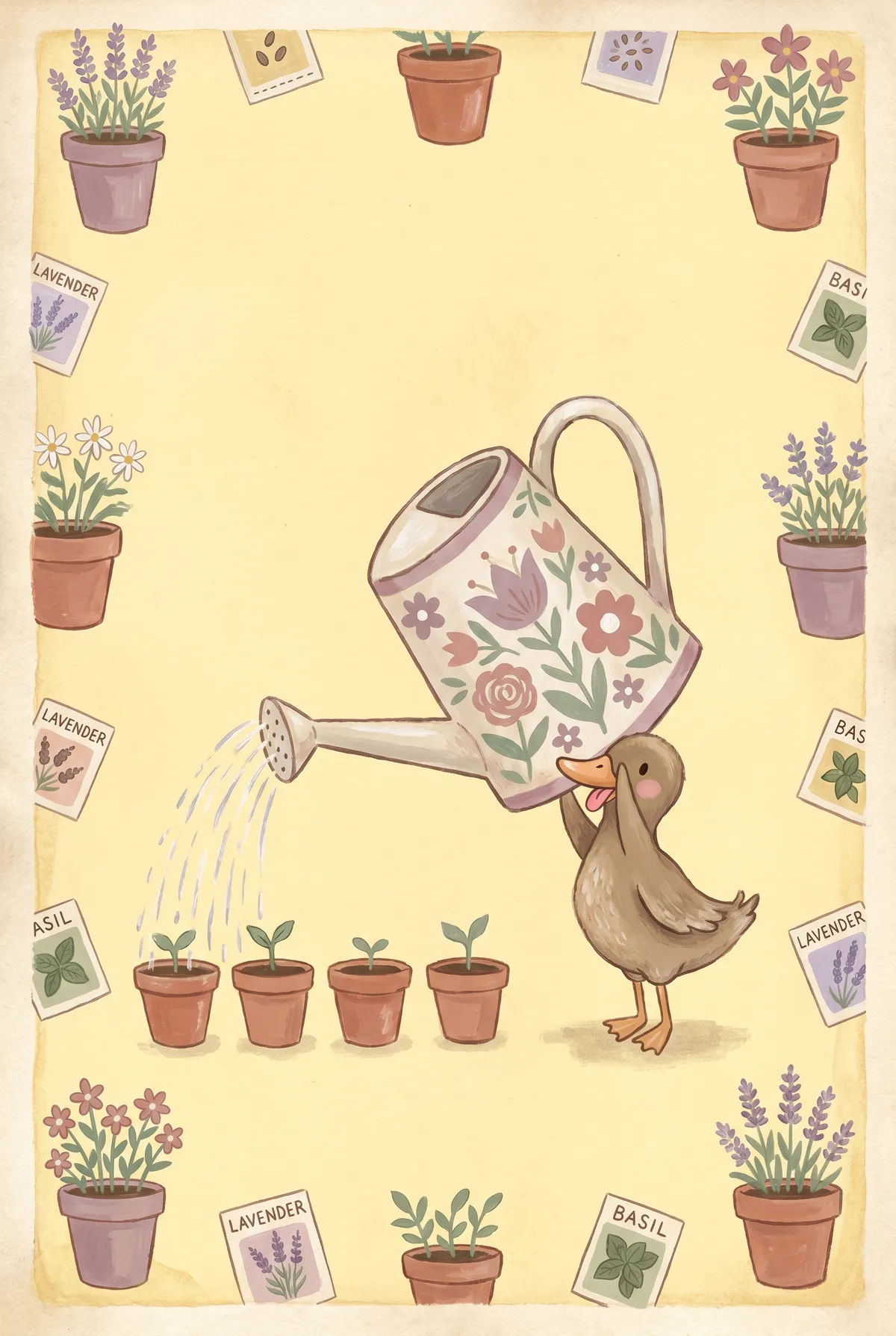 Duck with Floral Watering Can Print