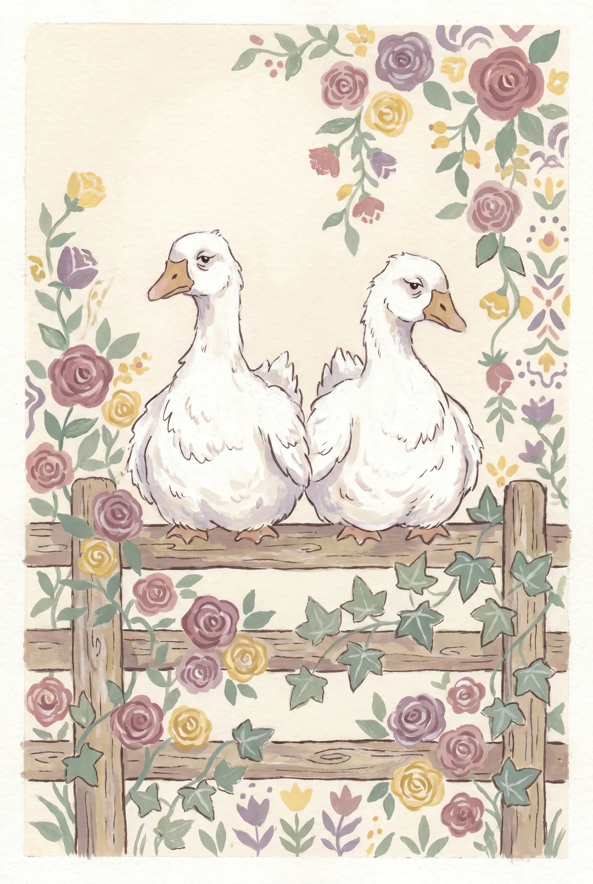 Two Geese on Garden Fence Print
