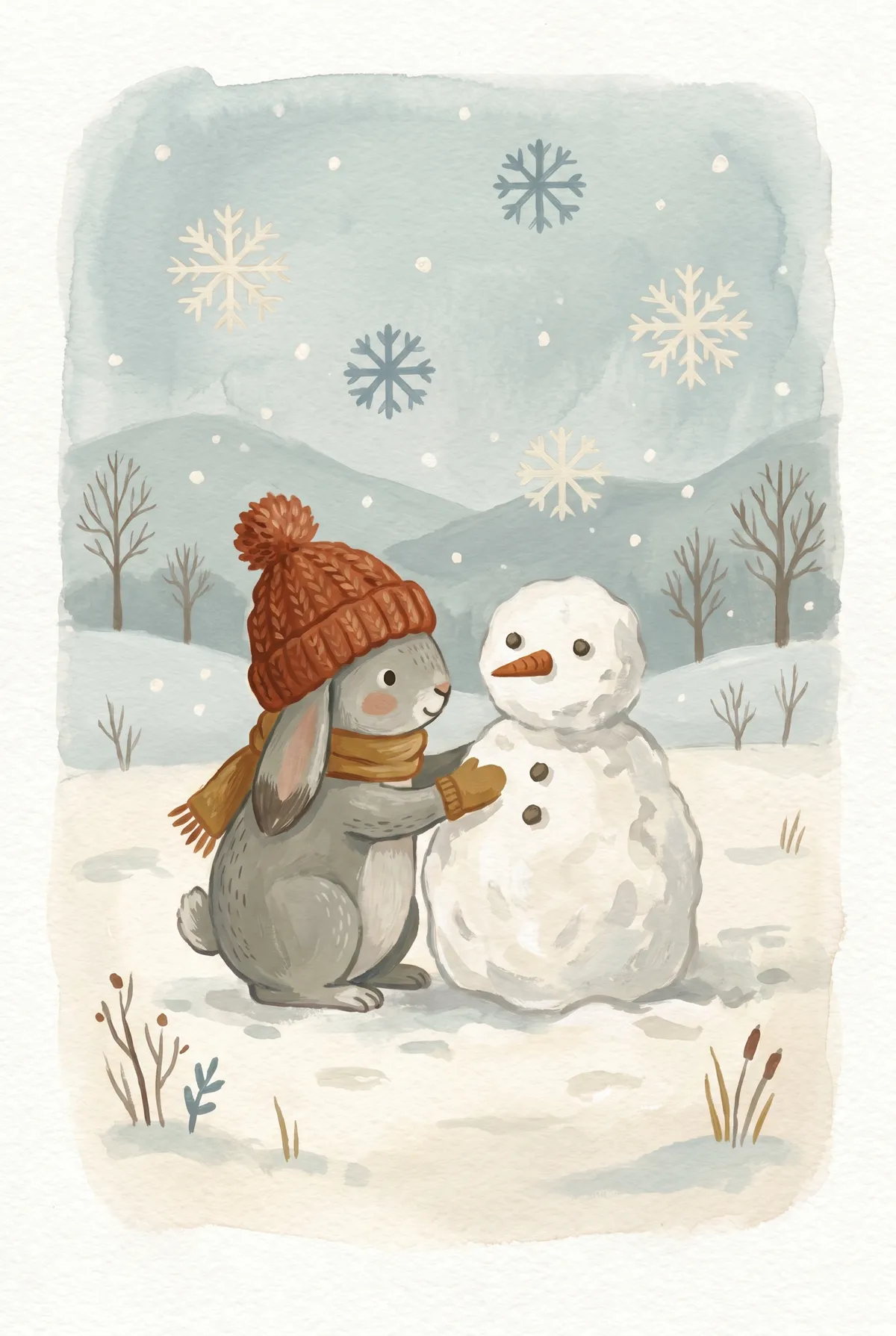 Bunny Building Snowman Print