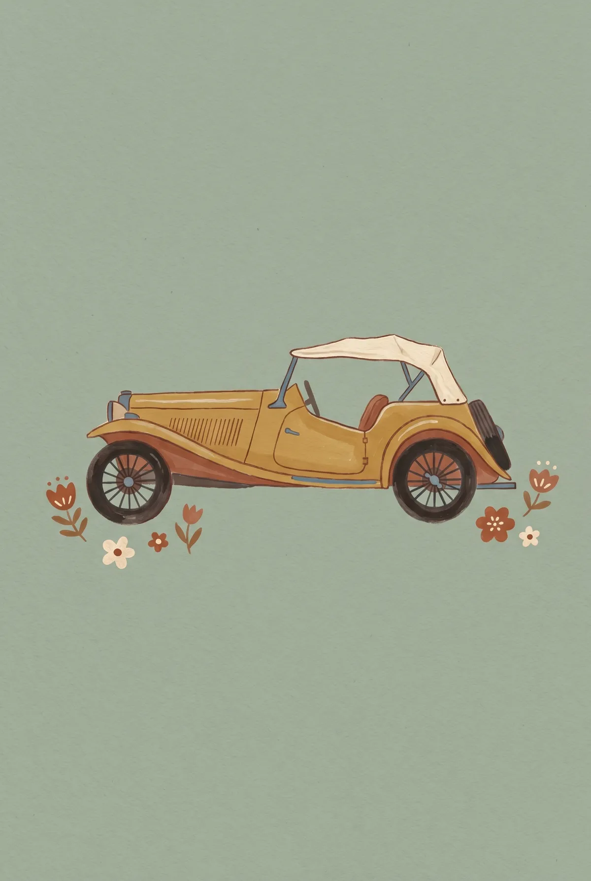 Vintage Mustard Convertible Car Print
