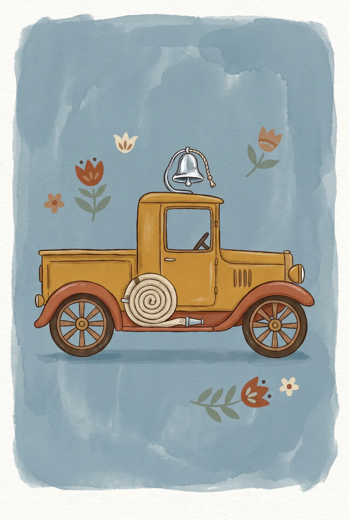 Vintage Yellow Fire Truck Print