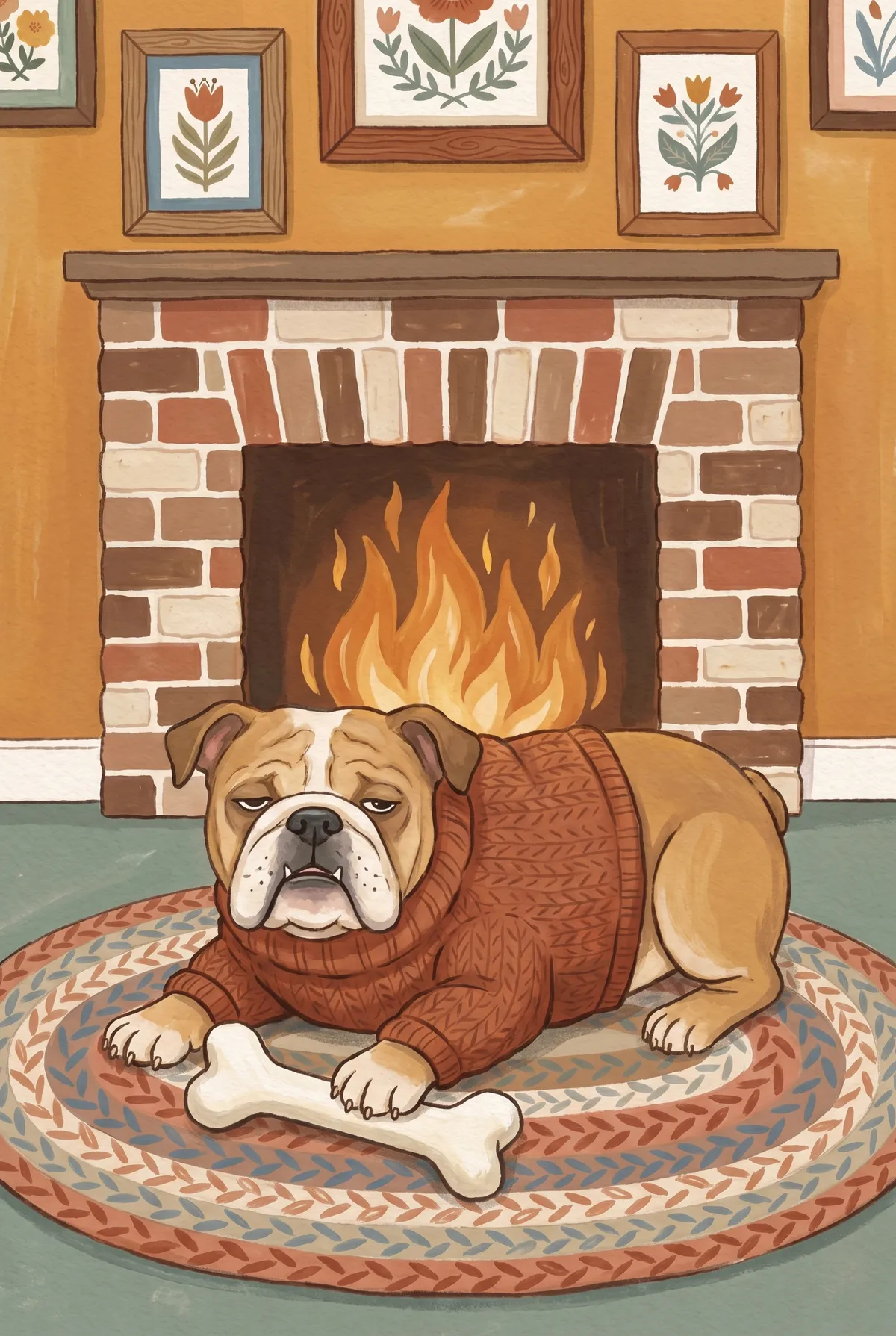 Bulldog by the Fireplace Print