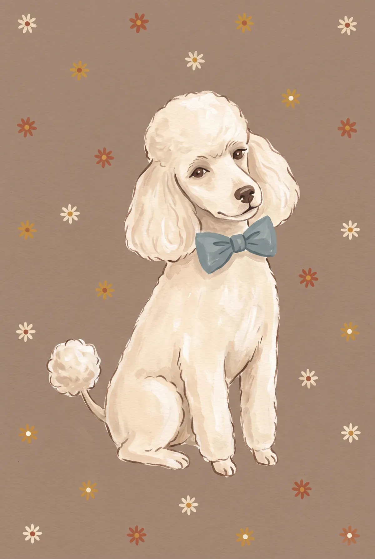 White Poodle Print with Blue Bow Tie