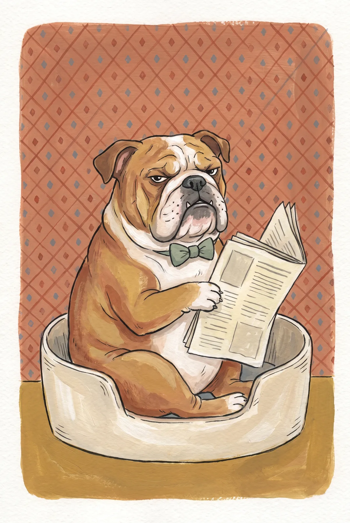 Grumpy Bulldog Reading Newspaper Print