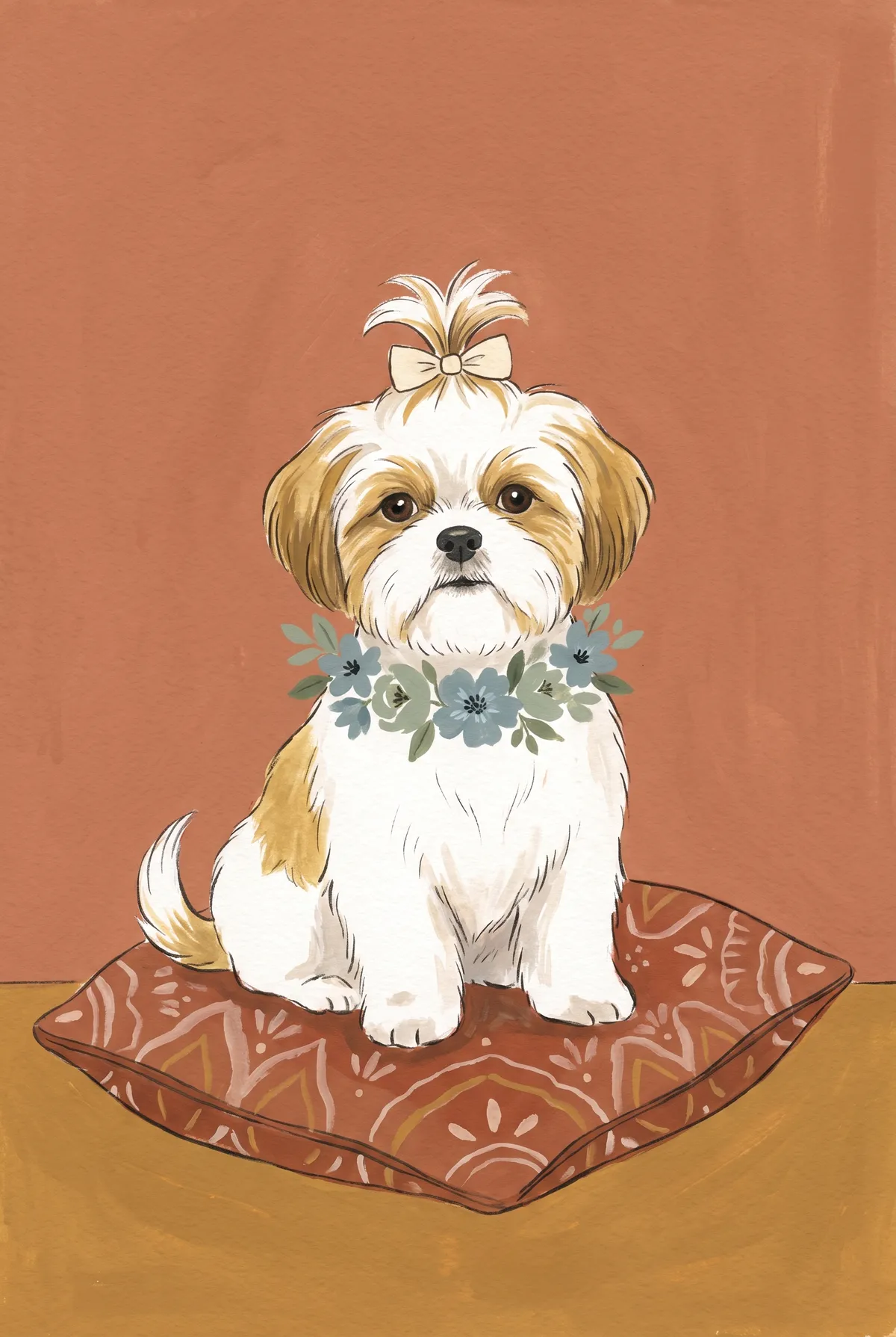 Shih Tzu Print with Floral Collar