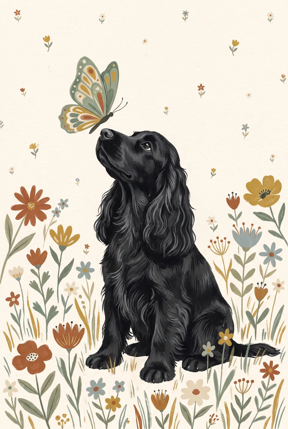 Black Cocker Spaniel & Butterfly Print