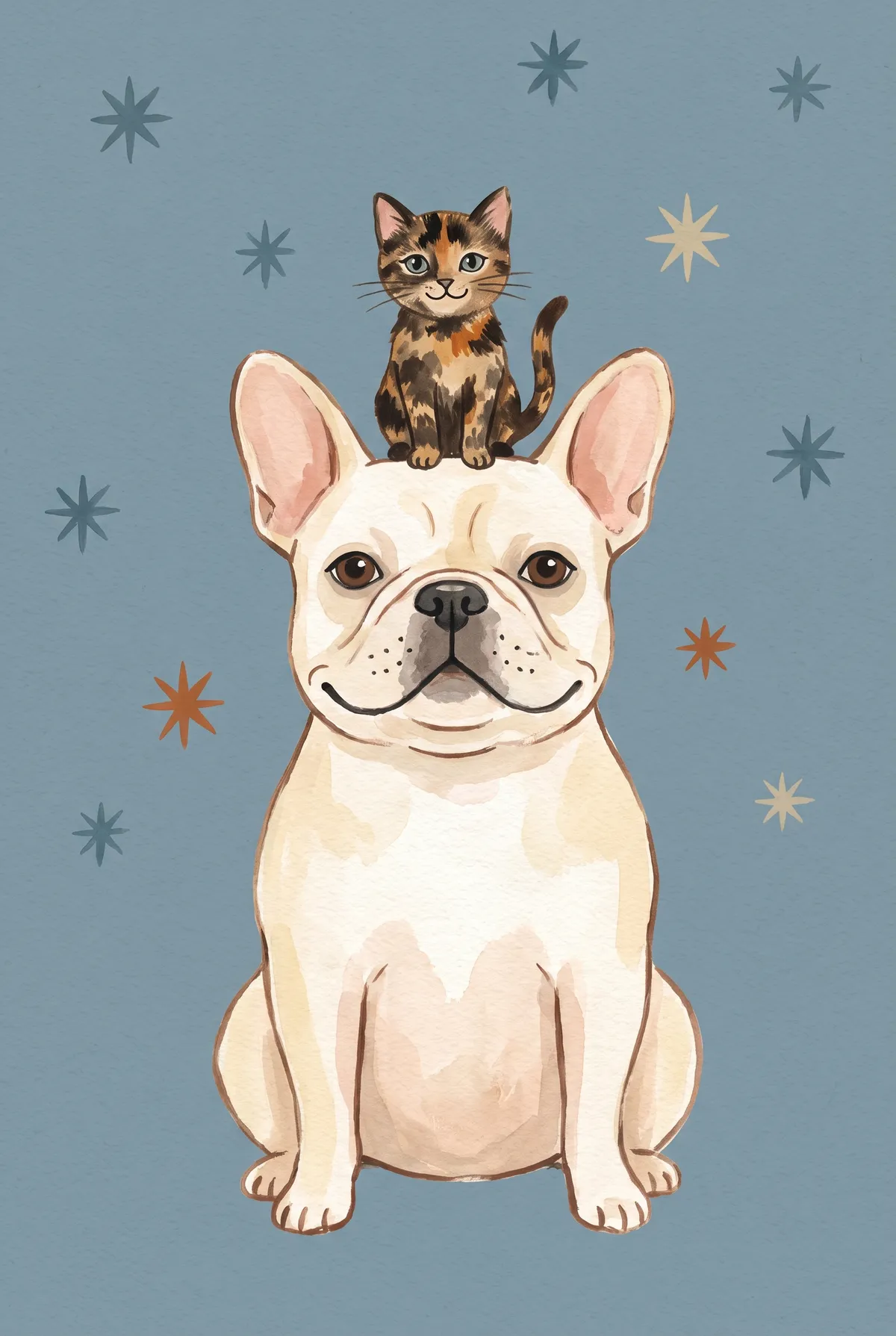 French Bulldog & Kitten Print