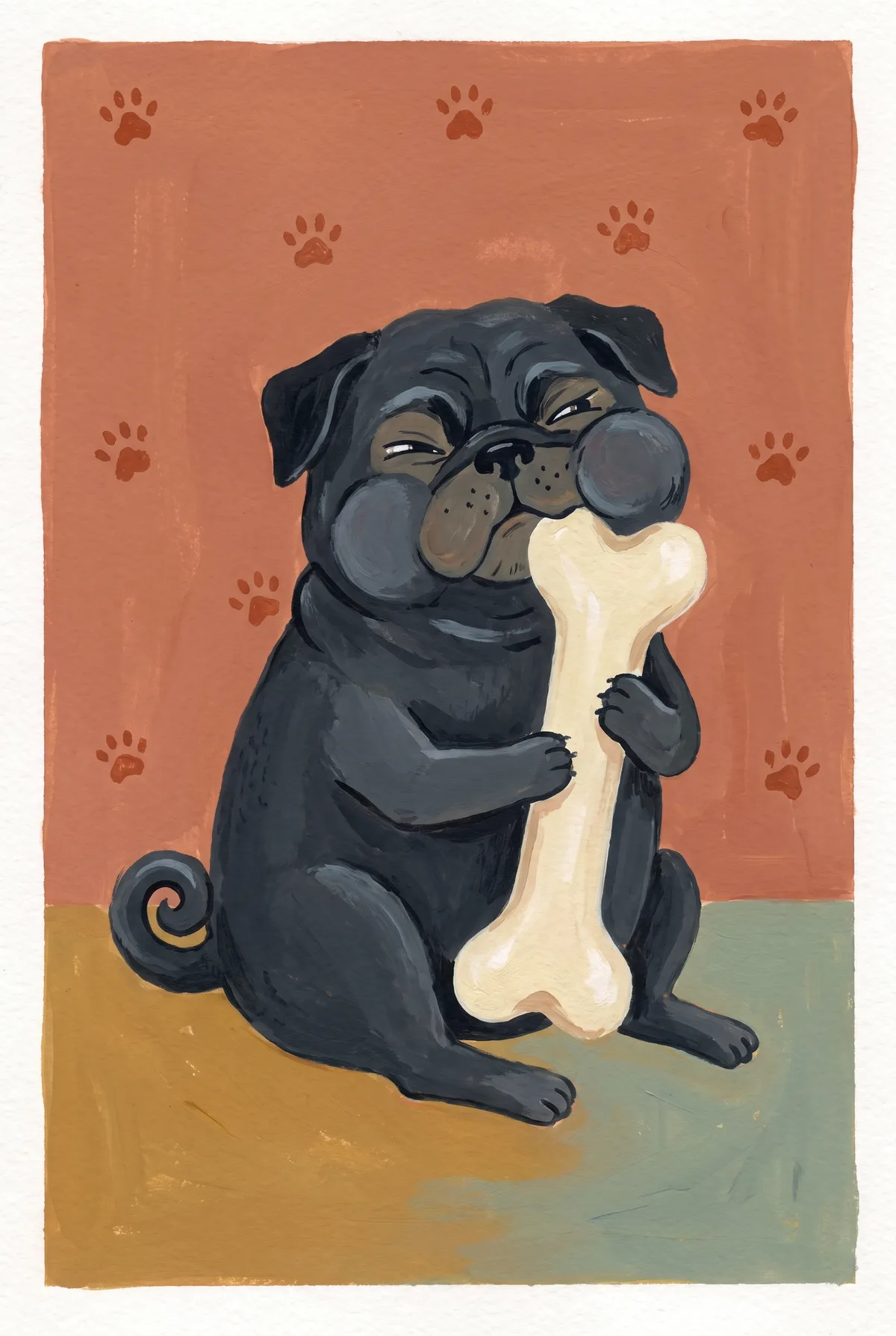 Black Pug with Bone Print