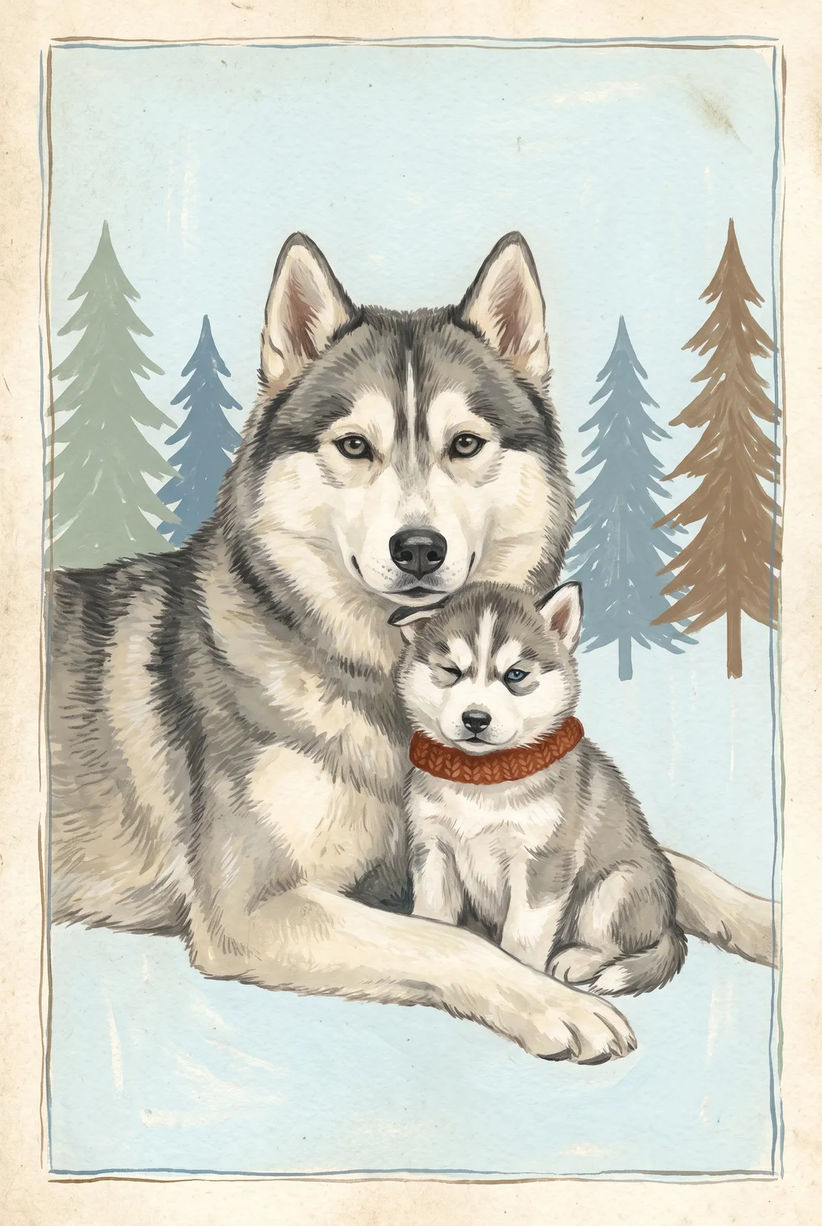 Husky Mama and Puppy Print