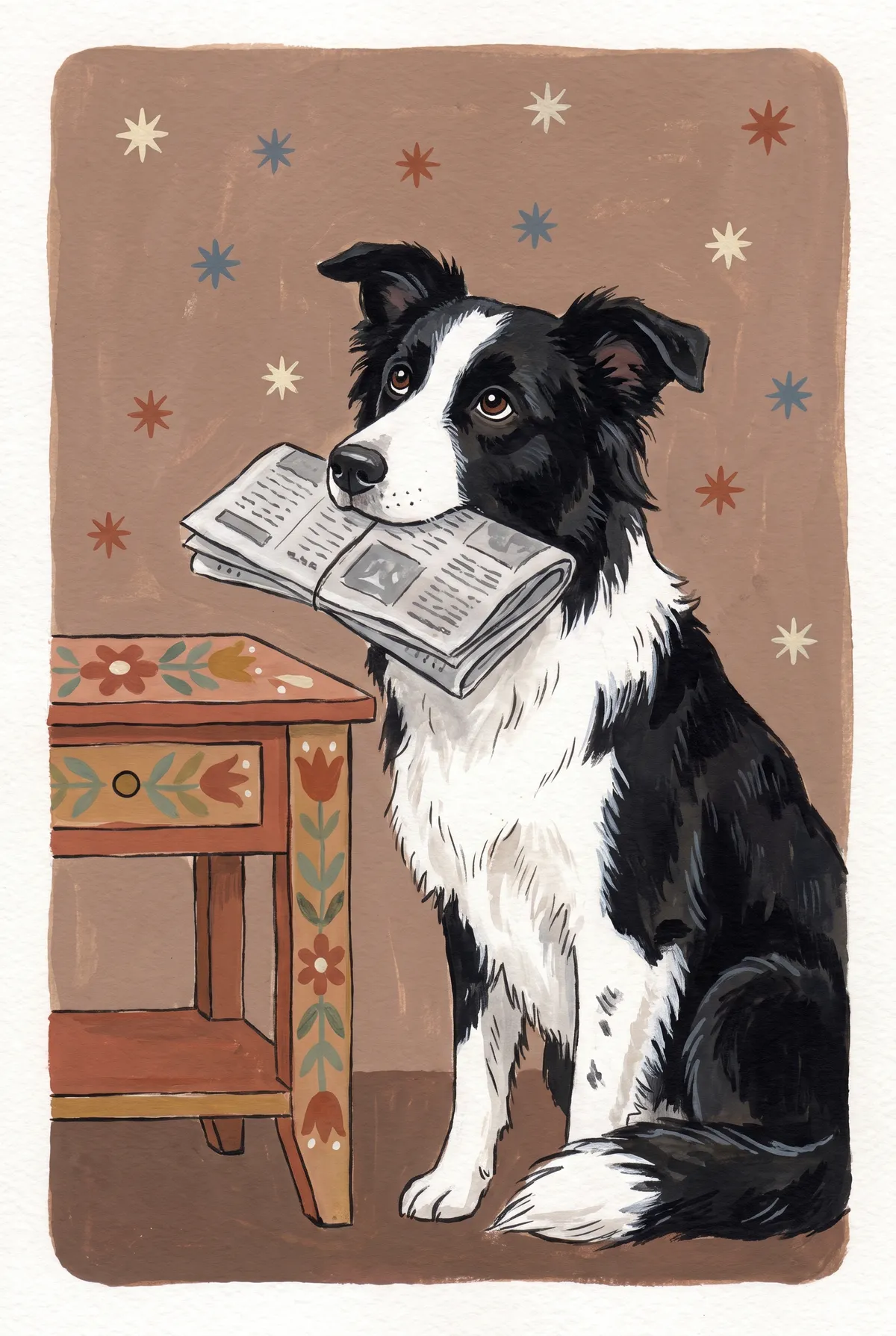 Border Collie with Newspaper Print
