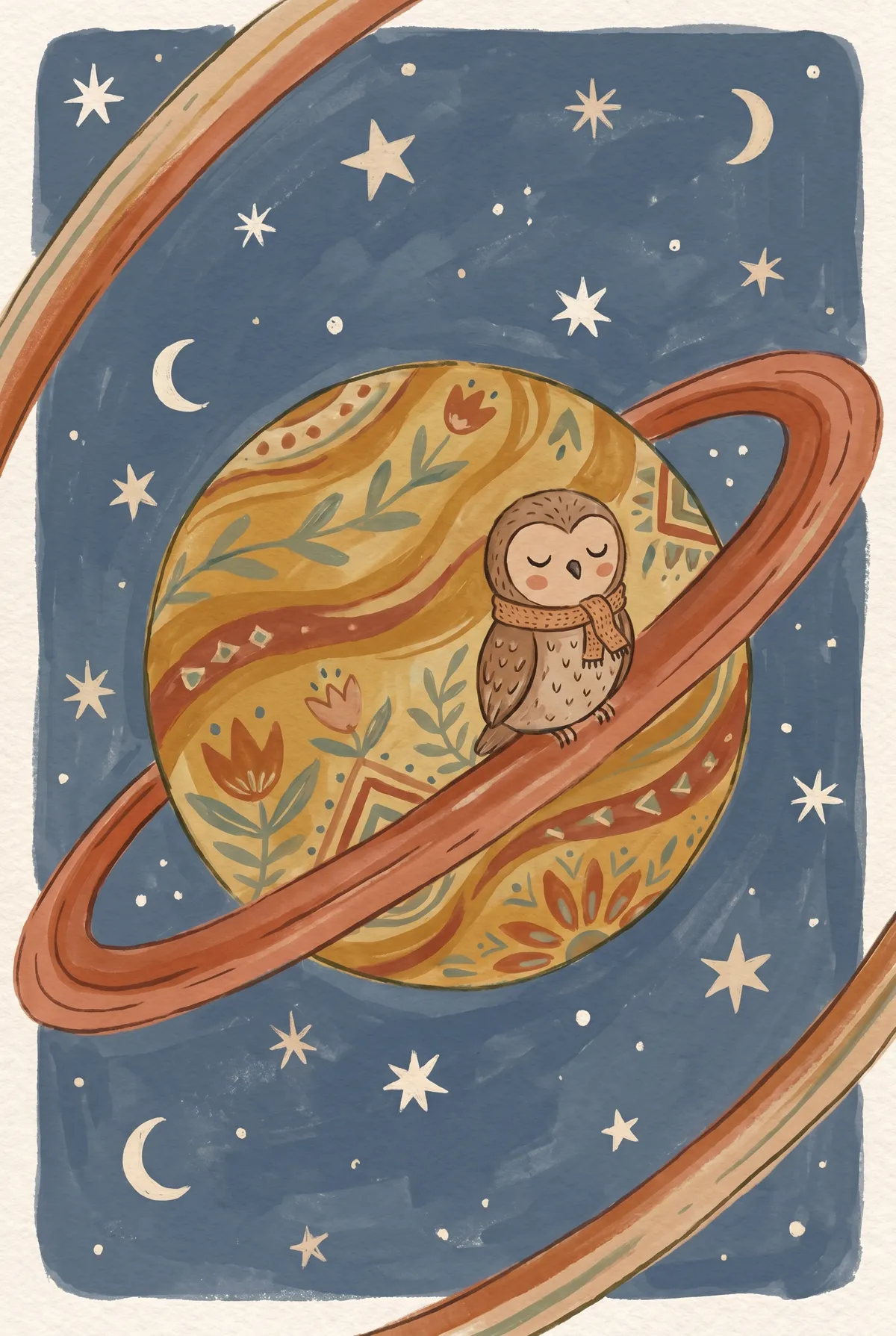 Sleepy Owl on Saturn Print