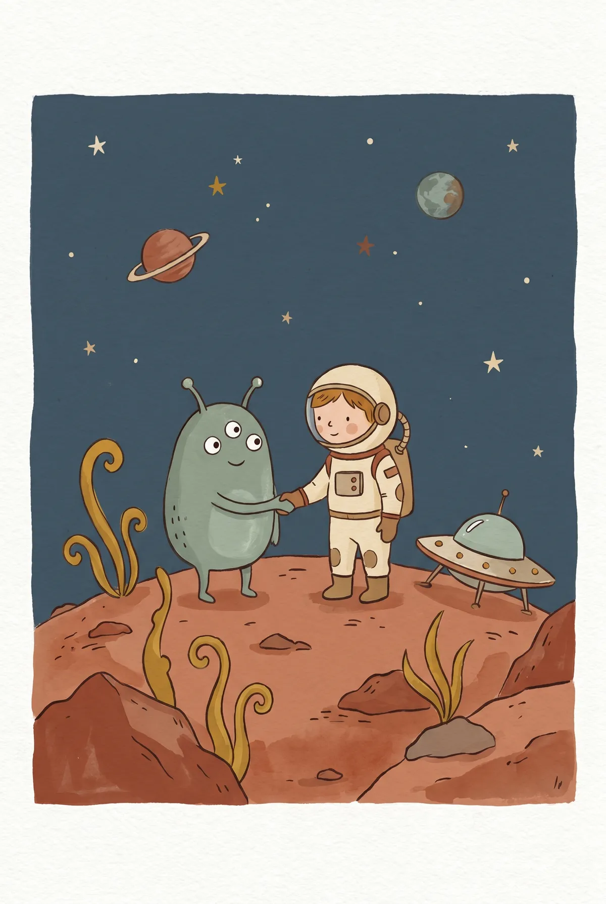 Astronaut and Alien Handshake Print