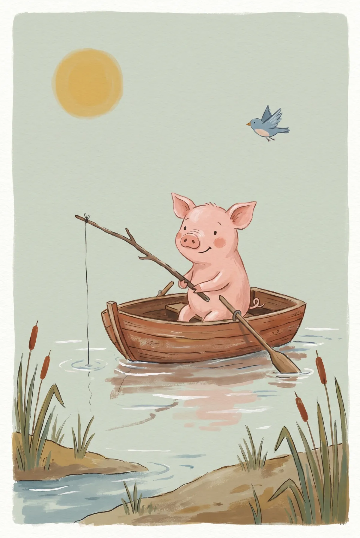 Pig Fishing in Rowboat Print