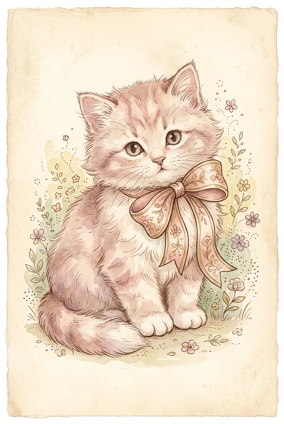 Vintage Kitten Print with Pink Bow