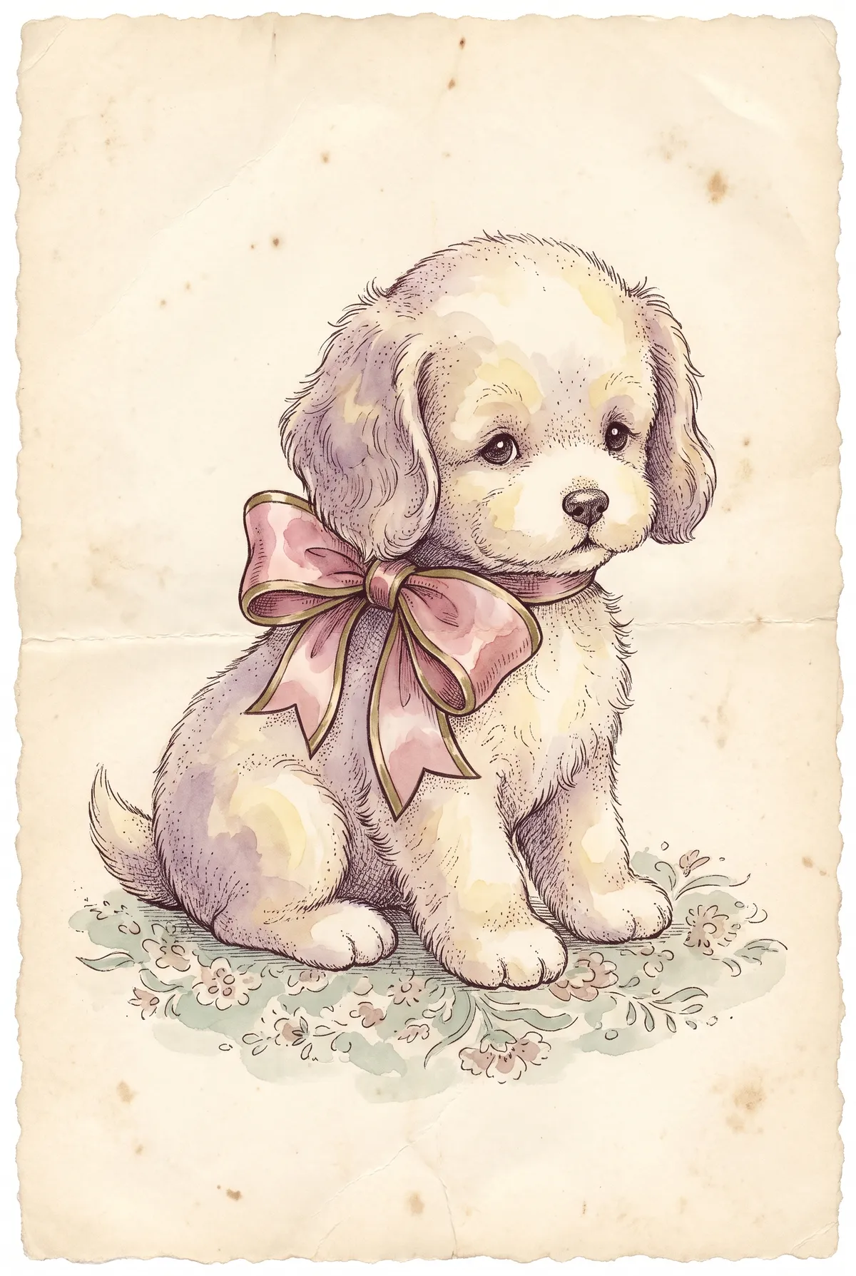 Vintage Puppy with Pink Bow Print
