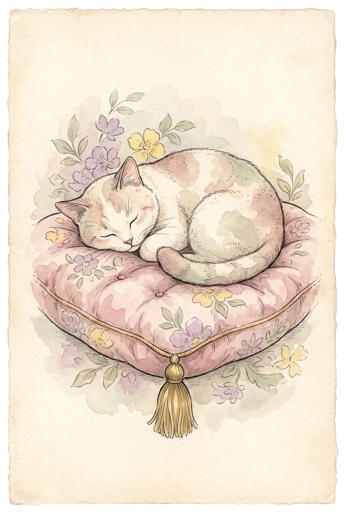 Sleeping Cat on Floral Cushion Print