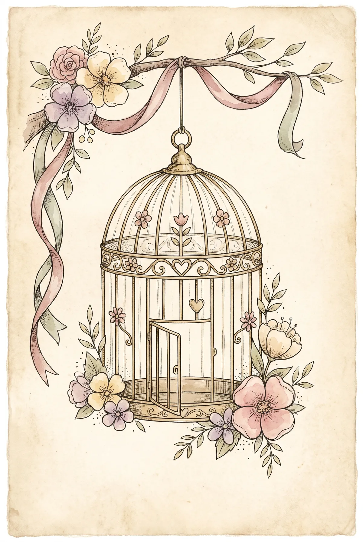 Vintage Floral Birdcage Print
