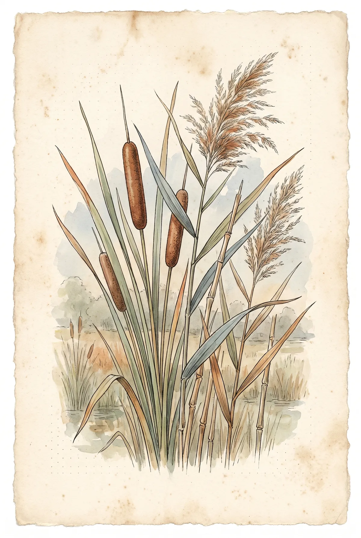 Vintage Bulrush & Marsh Grass Print