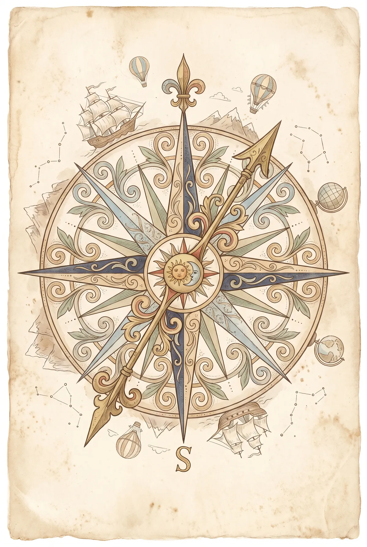 Vintage Compass Rose Print
