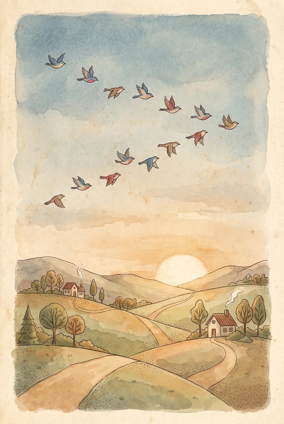 Migrating Birds Over Rolling Hills Print