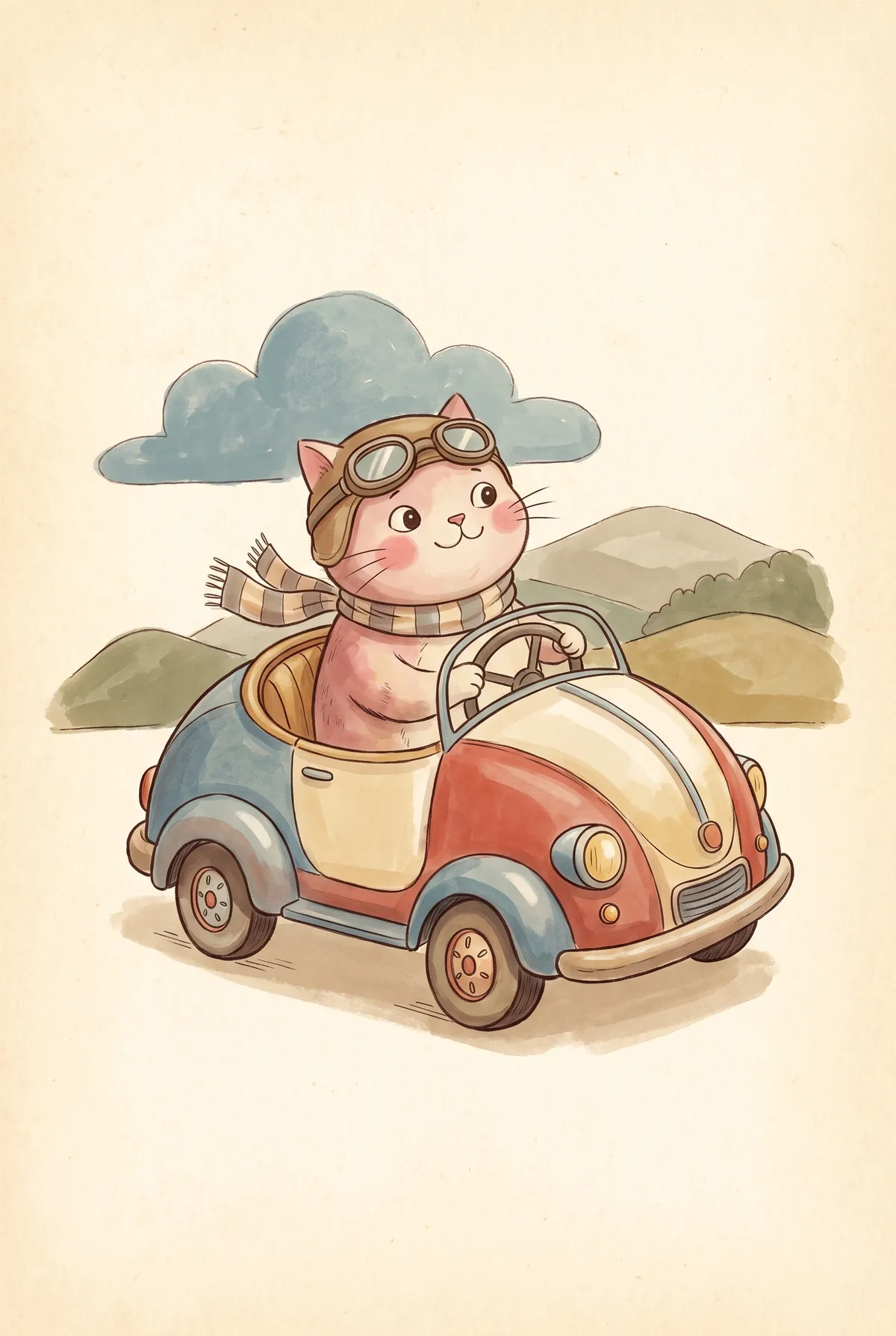 Cat Driving Vintage Car Print