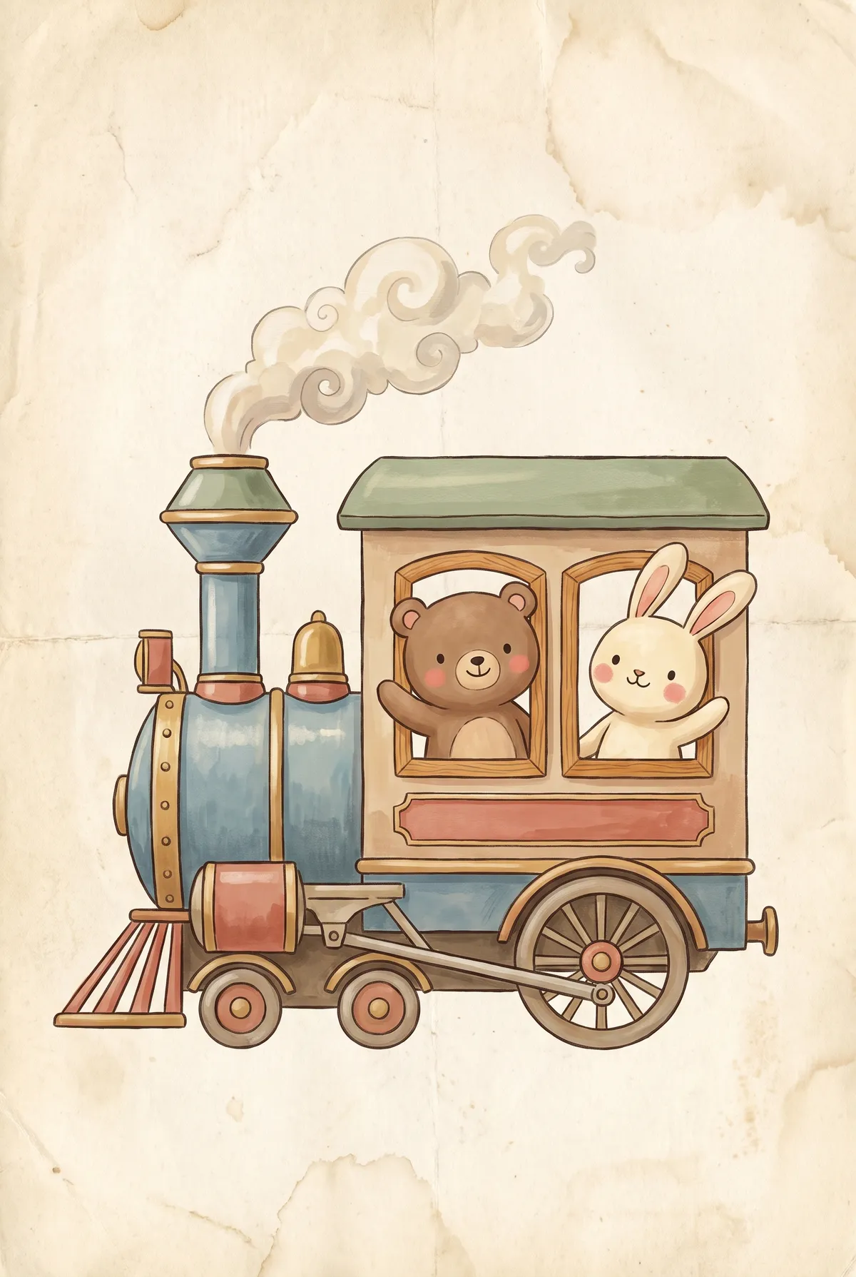 Vintage Bear and Bunny Train Print