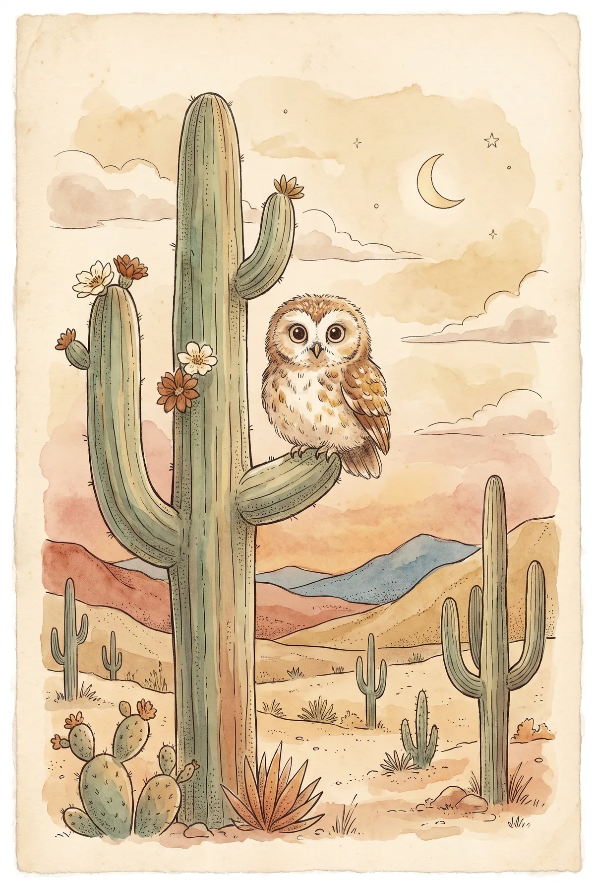 Desert Owl Cactus Print