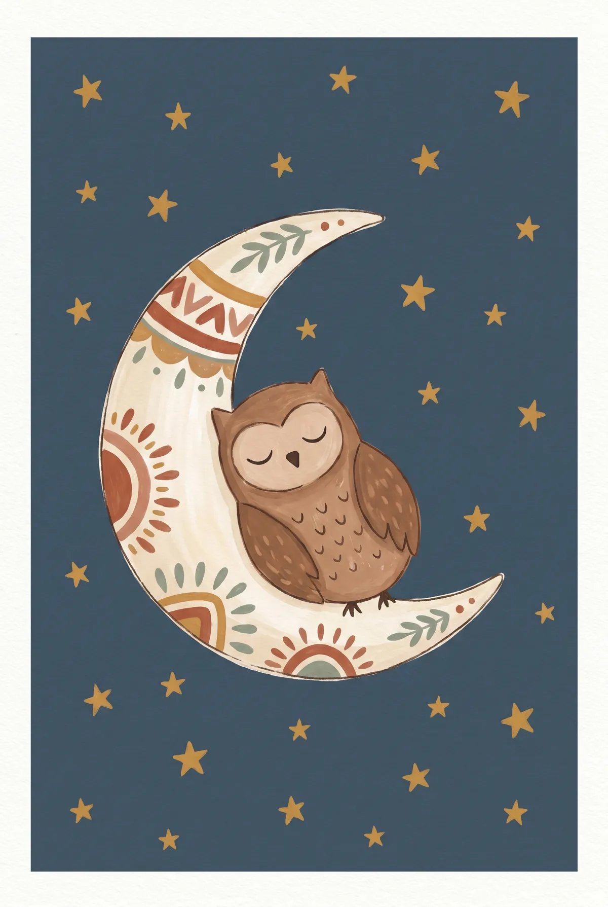 Sleeping Owl on Crescent Moon Print