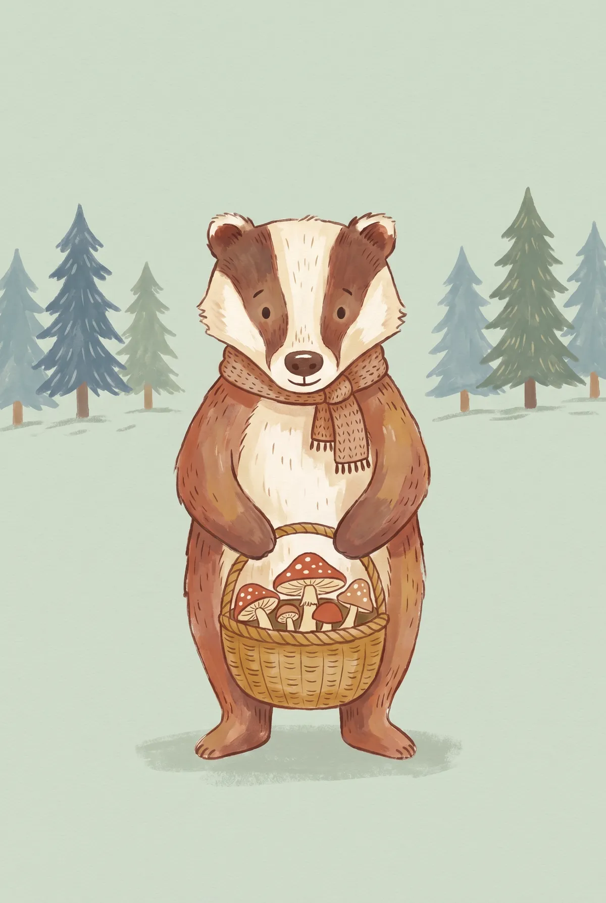 Badger with Mushroom Basket Print