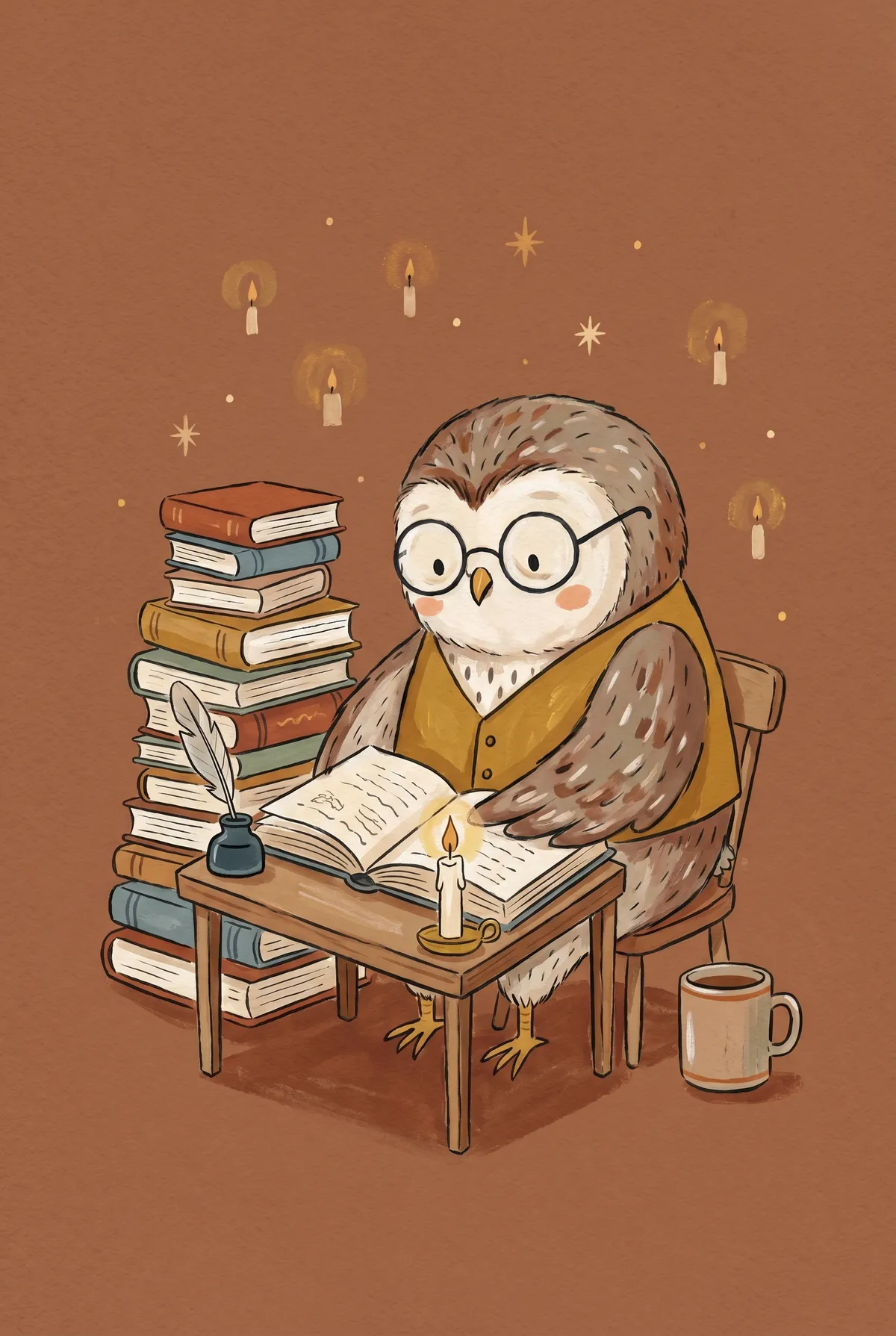 Scholar Owl Reading Print